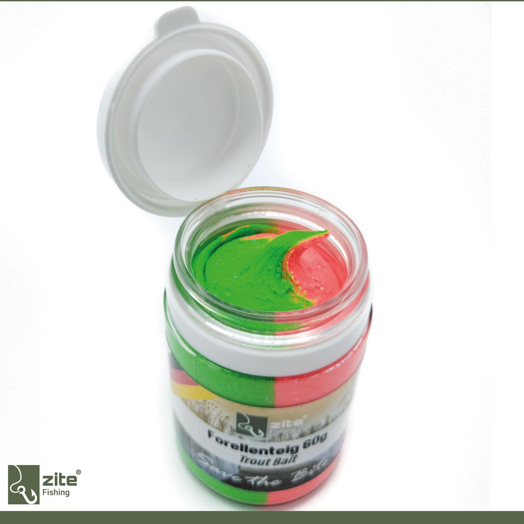 Zite Fishing Lot de 6 pâtes à truite – Pâte de pêche avec paillettes, arômes spéciaux et couleurs – 6 x 60 g Pâte à pêche avec ail, réglisse, fraise et crabe