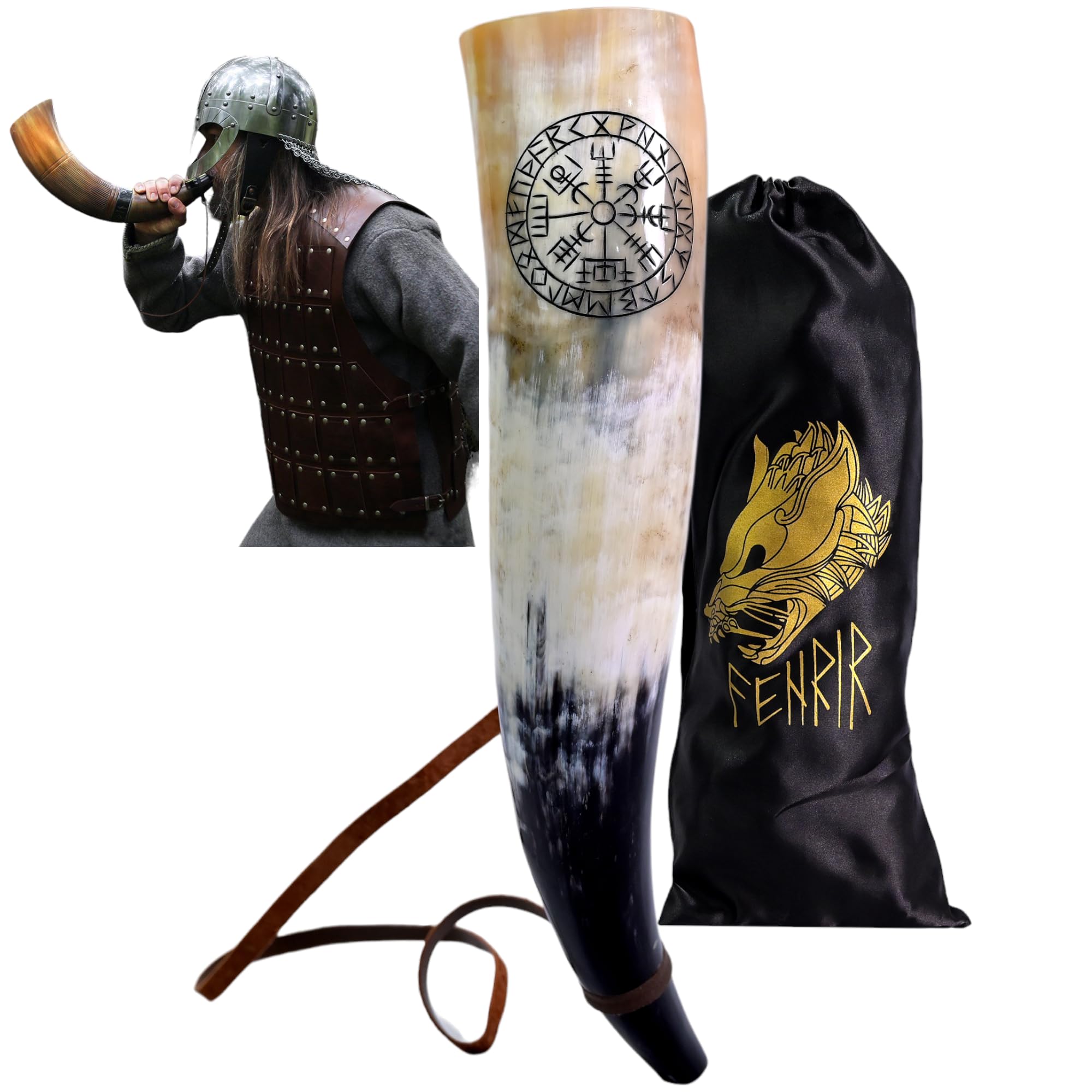 FENRIR Corno da guerra vichingo da 45,7 cm, corno da battaglia con cinturino in pelle, finitura a bussola
