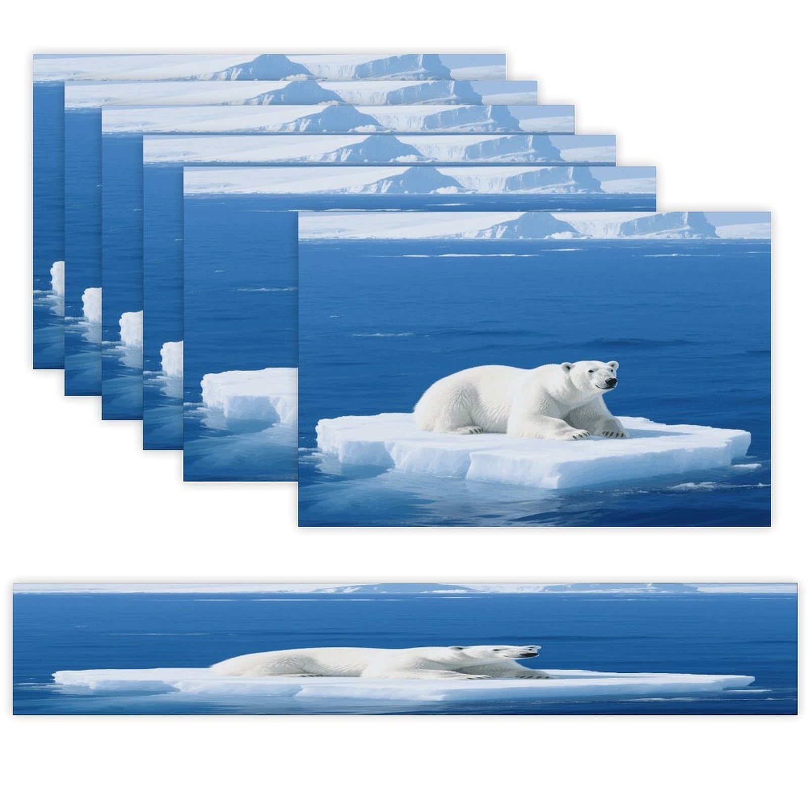 White Polar Bear on Ice Table Runner and Placemats Set of 7 Linen Table Mat Non-Slip Place Mats Washable Placemat Heat Resistant Place Mat with Table Runner for Party Dining Decor