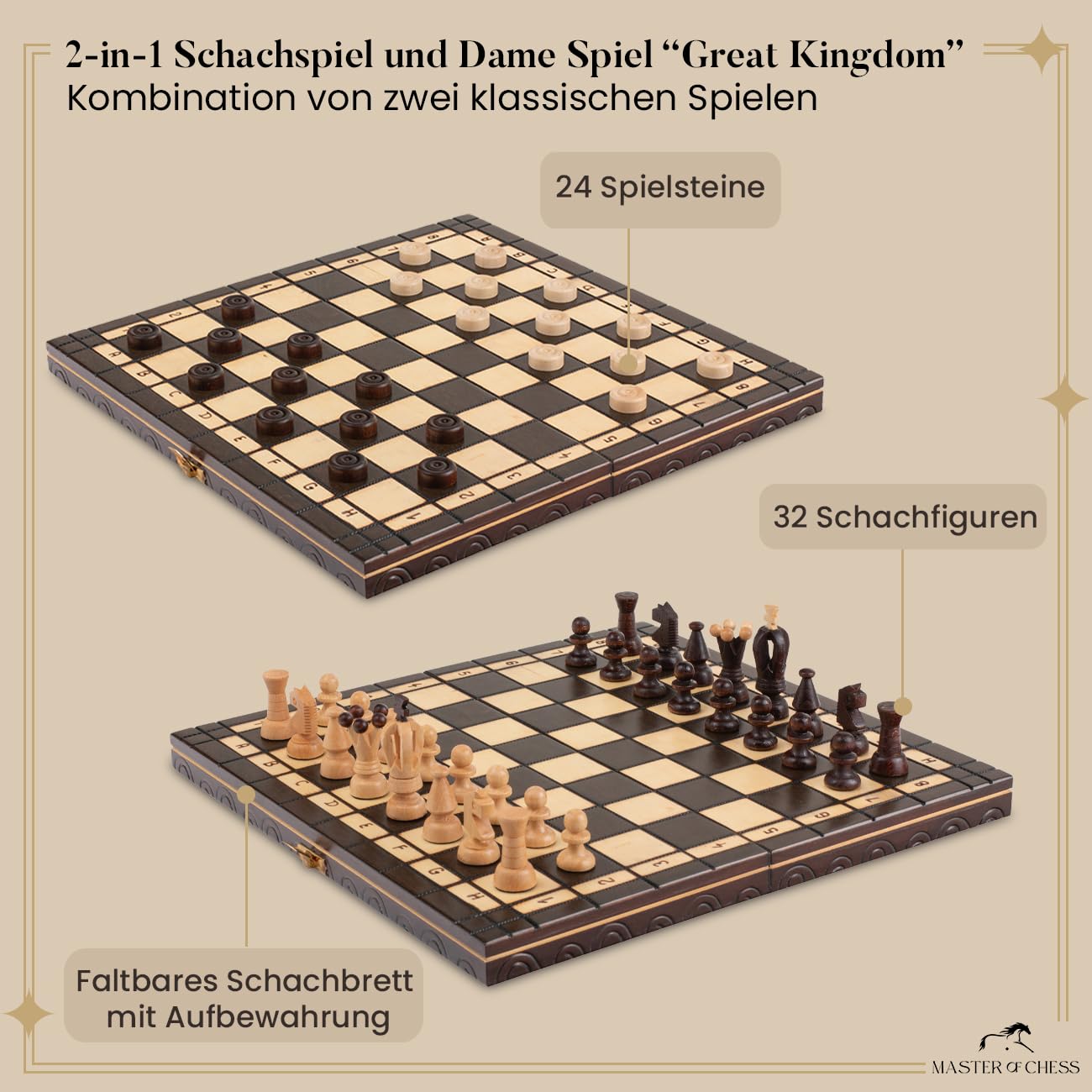 Great Kingdom Schach Spiel und Dame Spiel | Master of Chess Farbe Brune | Chess Set 35cm | Qualität Reise Schachspiel- Handgemachtes Tragbares Schach für Kinder und Erwachsene