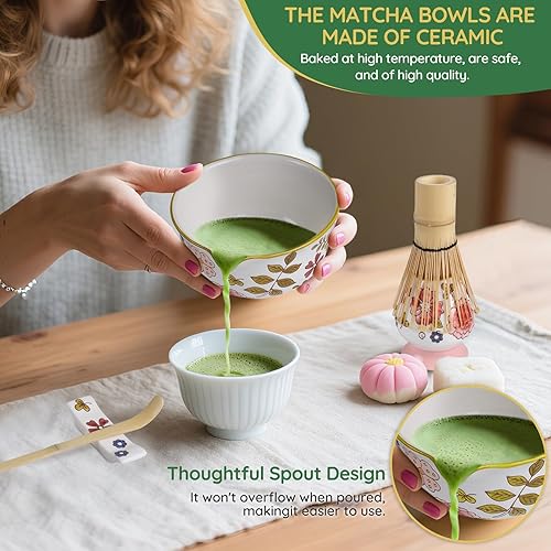 Miniatura 6 de Juego de ceremonia de matcha floral pintado a mano, 6 batidor y tazón de matcha, soporte para batidor de matcha, cuchara y reposo, coladores, kit de