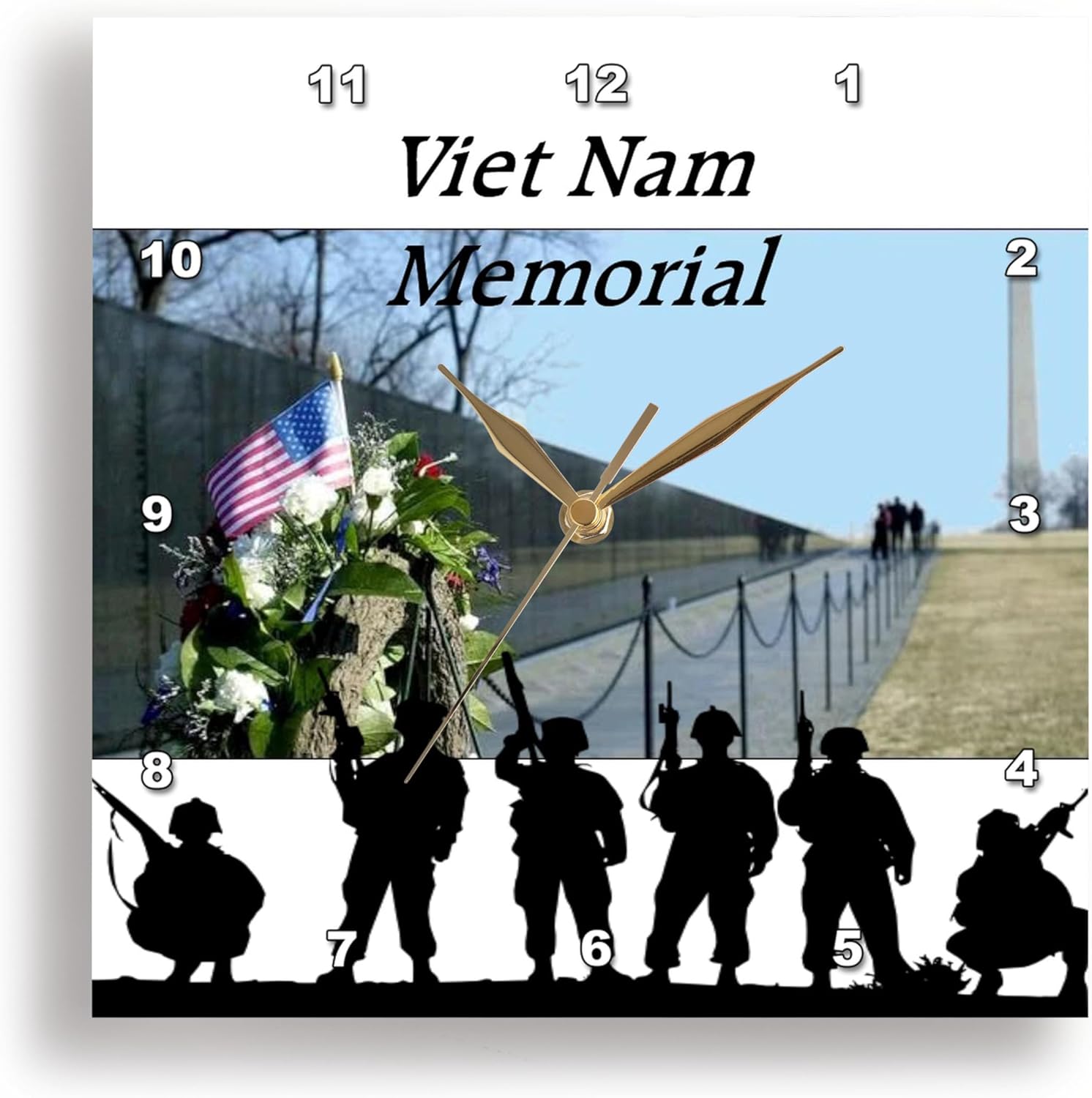 3dRose Wall Clock Silent - 15 inch - Image of Viet NAM Memorial with Silhouette Soldiers - Lens Art by Florene - Memorial Day