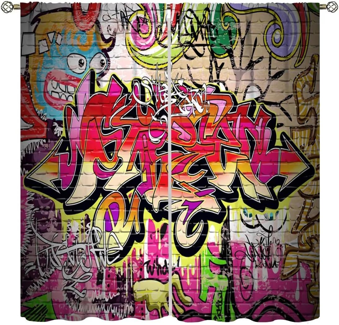Brick Wall Curtains,Graffiti Grunge Art Wall Modern City Urban Landscape Print Curtains for Teens Bedroom Living Room Kitchen Café Window Drapes 2 Panel Set,Total Size 42" x 45"