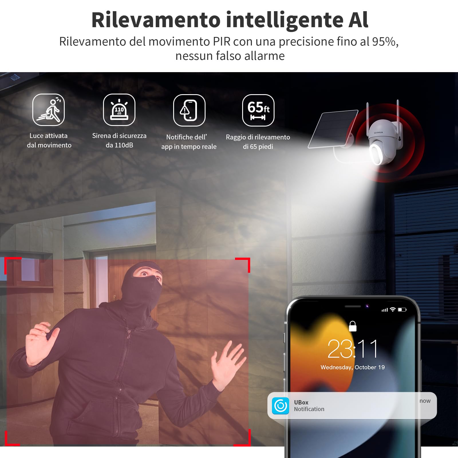 SEHMUA Telecamera Wi-Fi Esterno Batteria Senza Fili | 360° Videocamera Sorveglianza Esterno Solare Videosorveglianza Esterno Visione Notturna a Colori-1Pack