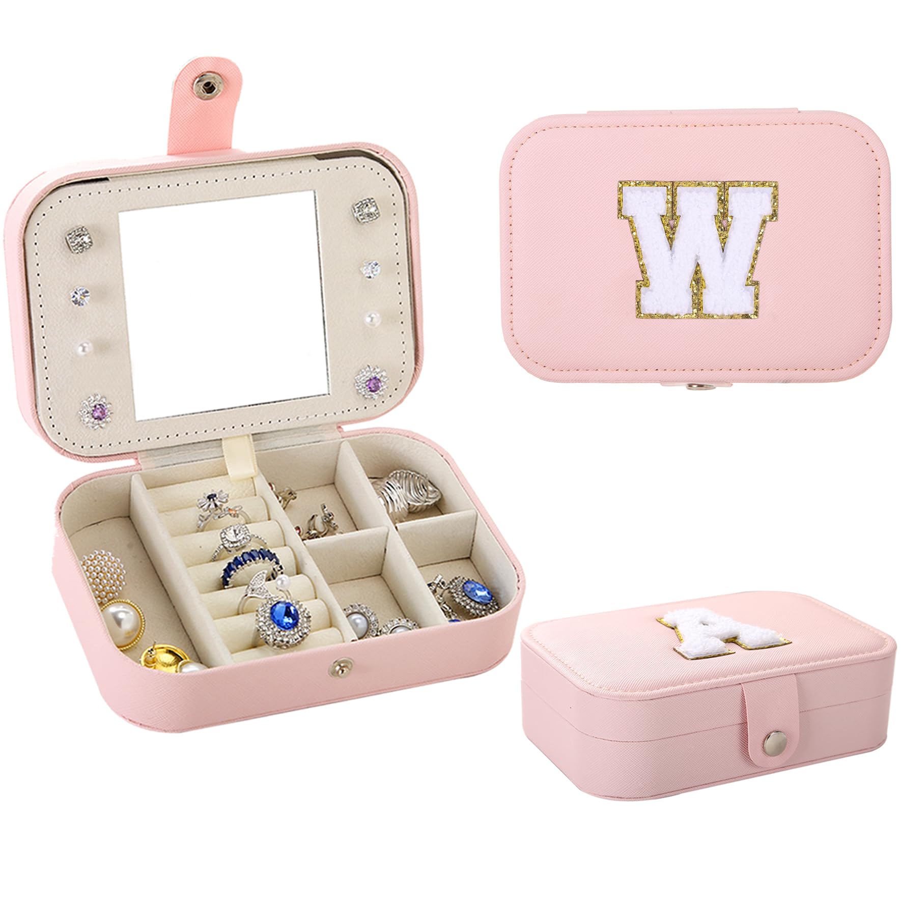 Initial W Jewelry Box Organizer Pink Travel Jewelry Case with Mirror PU Leather Jewelry Box for Travel Personalized