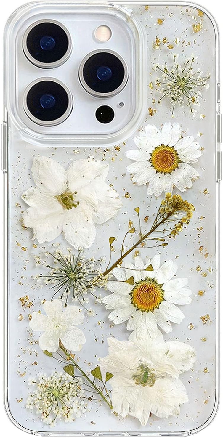 Abbery for iPhone 14 Pro Case Clear with Real Pressed Flower Design Glitter Sparkly Gold Fall Girly Women Cute Aesthetic Soft TPU Protective