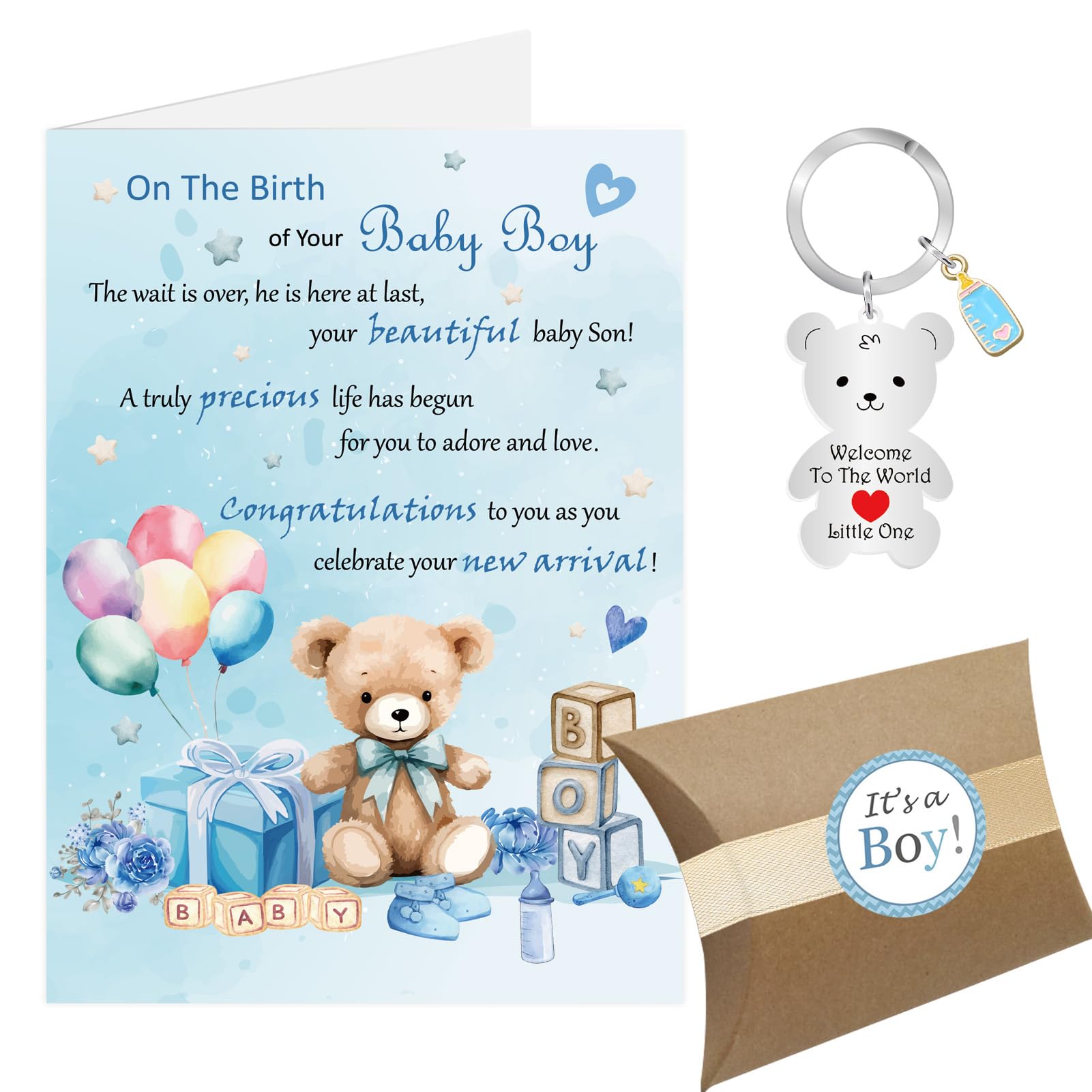 Baby Boy Card, New Baby Boy Card, Welcome To The World, Congratulations New Baby Keyring Gifts, Newborn Card with Envelope (Blue - Boy)