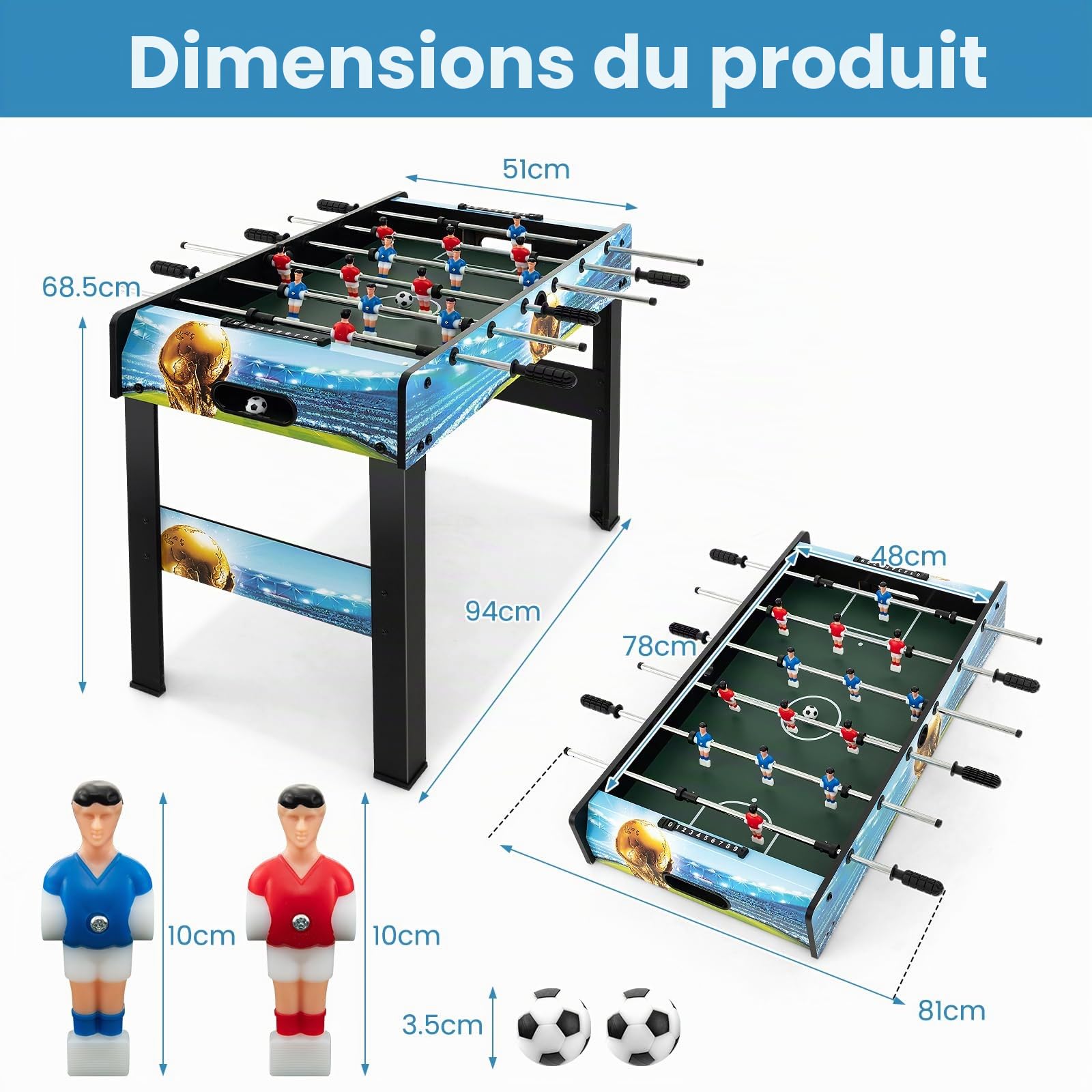 HOMASIS Table de Babyfoot 2 en 1 pour Enfants et Adultes, avec Pieds Amovibles, 2 Balles, 14 Kickers et 2 Compteurs de Points, pour Fêtes et Réunions