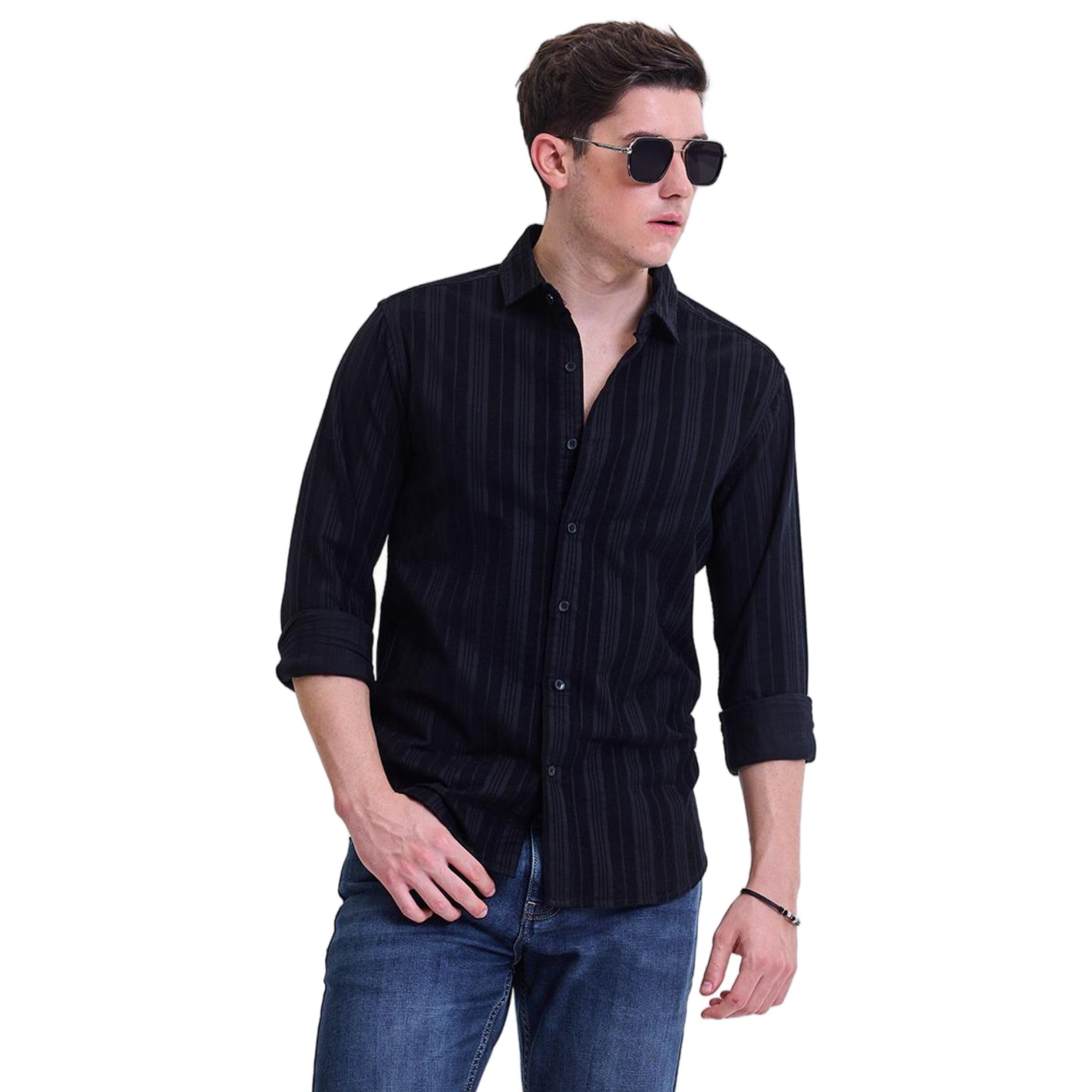 SNITCH Black Corduroy Slim Fit Stripes Shirts in black