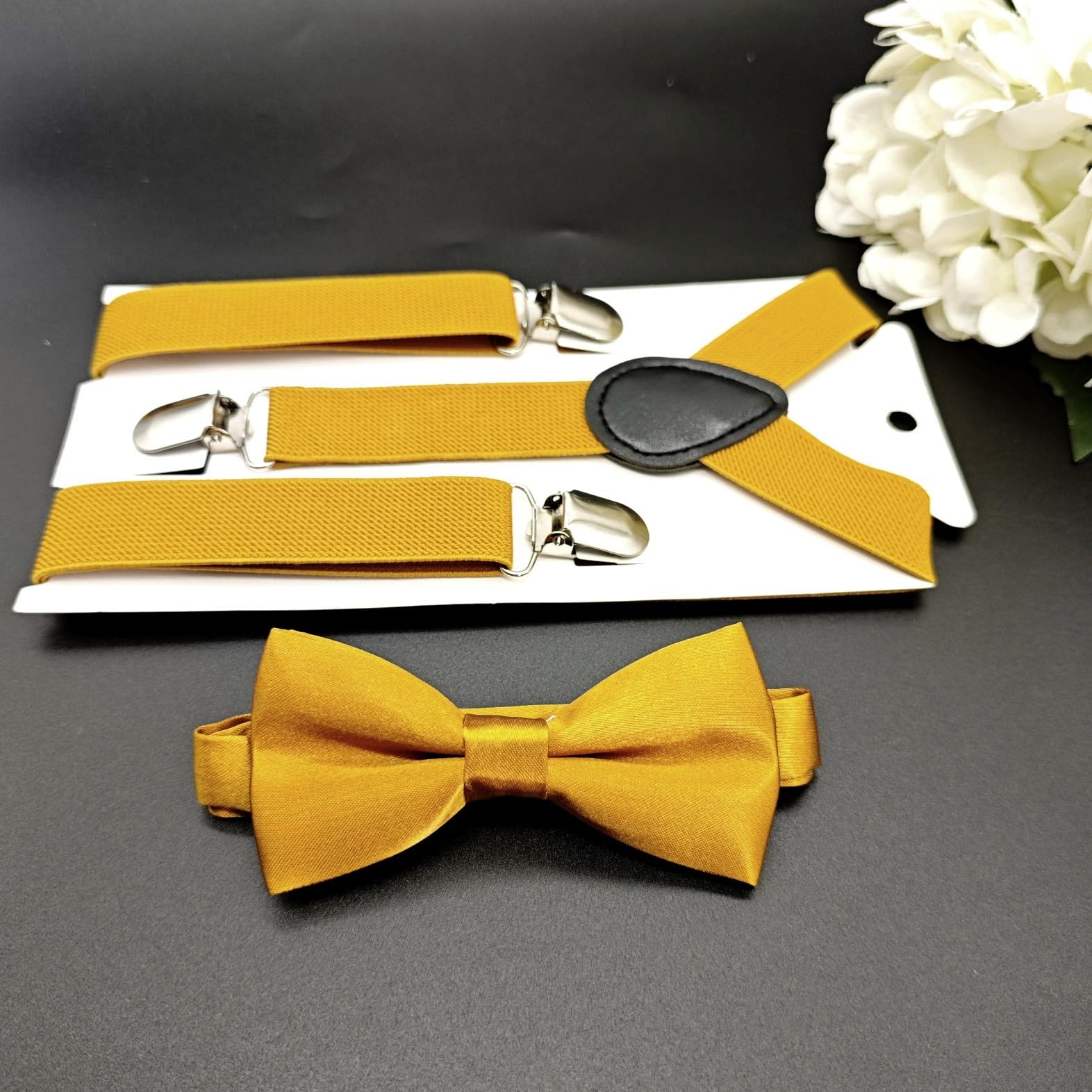 JZK Conjunto de pajarita y tirantes dorados para niños menores de 135 cm, tirantes ajustables en forma de Y con pajarita para niños, niños y niñas, bodas, fiestas, disfraces, dorado, talla única