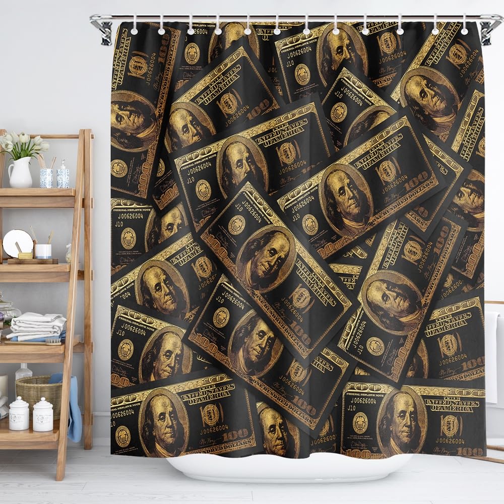 GUBIYU Money Shower Curtain Black Gold,Cool 100 Dollar Bill Cash Bathroom Decor Bathroom Curtain Waterproof Bathroom Accessory Bath Curtains Drapes Bathtub Shower Stall,Fabric Bath Curtain 72"W x 72"L