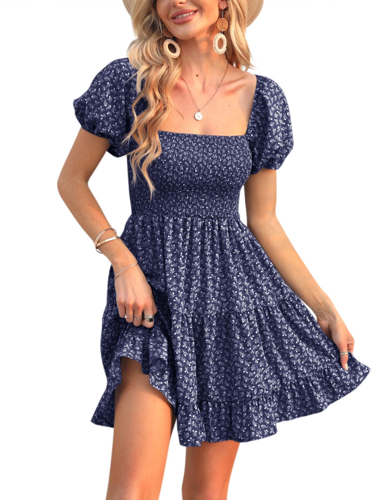 Veatzaer Women's Puff Sleeve Square Neck Smocked Babydoll Dress Boho Floral Print Off Shoulder Ruffle Mini Short Dress