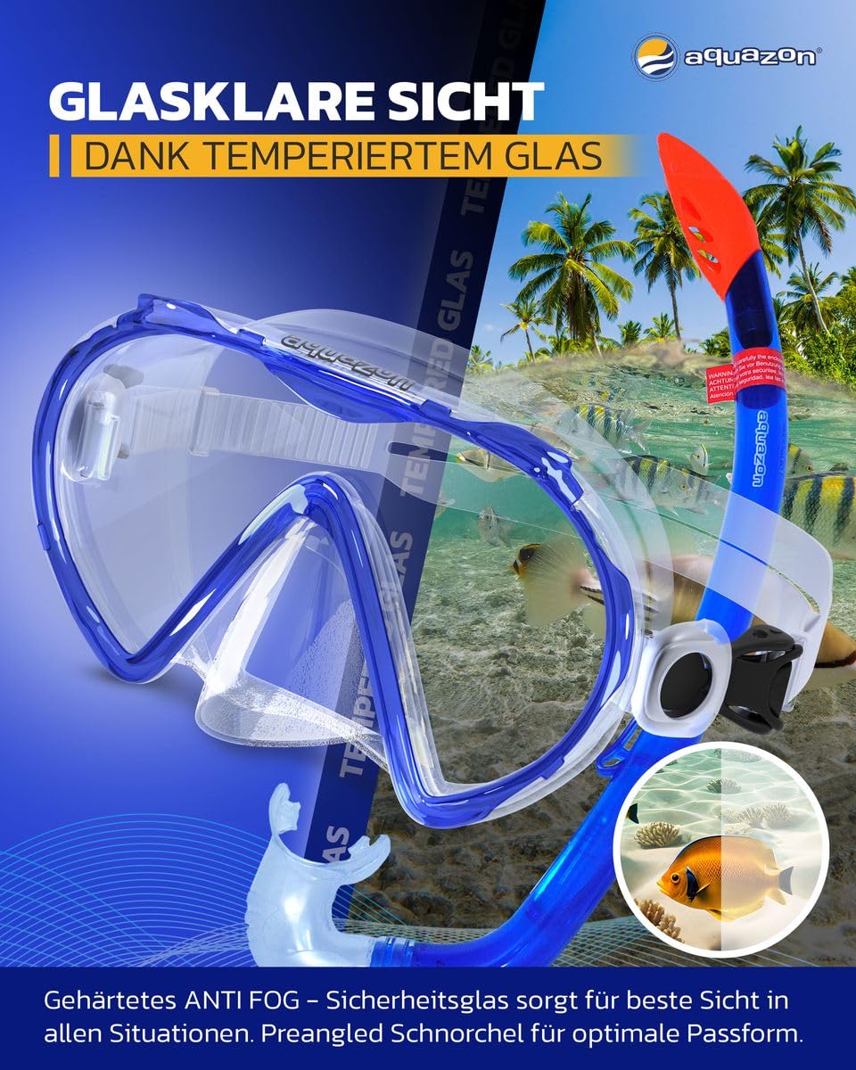 AQUAZON KORFU Wysokiej jakości zestaw do snorkelingu, zestaw do nurkowania, zestaw do pływania, gogle do snorkelingu ze szkłem hartowanym, fajka z półsuchym topem dla dzieci, młodzieży od 7-12 lat.