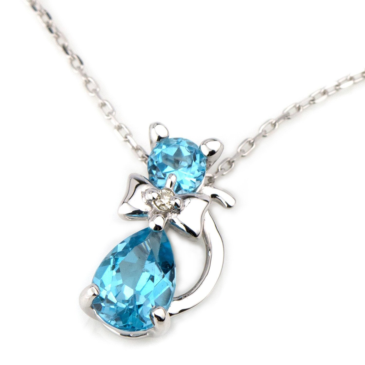 猫 ブルートパーズ ネックレス k10/k18 ホワイトゴールド レディース