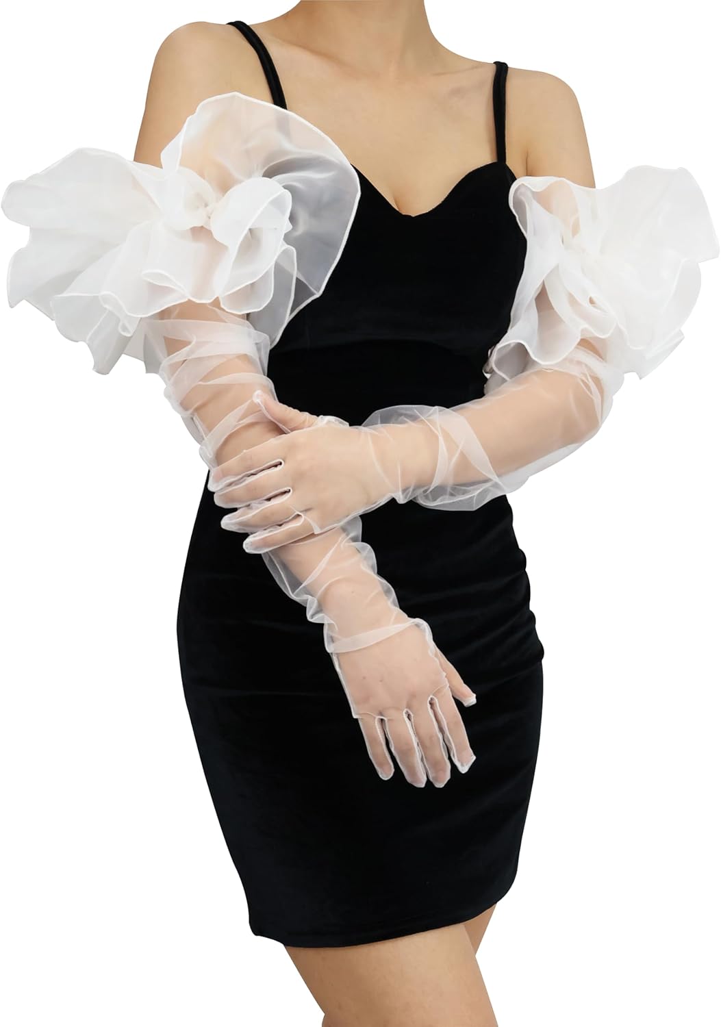 Super Puff Sheer Long Gloves Oversize Tulle Mesh Gloves for Cocktail Opera Party Gloves with Ruffle Long Sleeve - Image 2