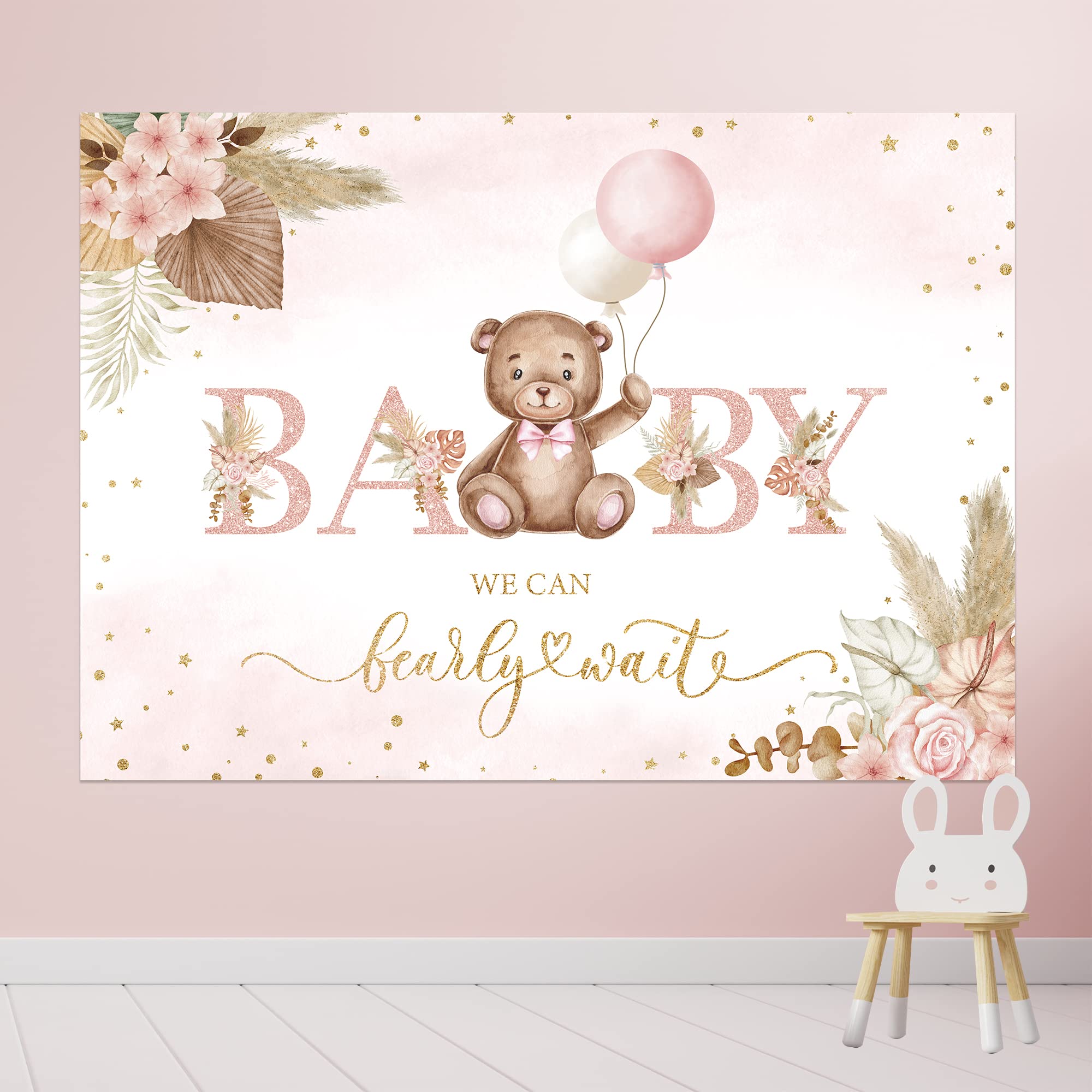 RiyidecorBoho Bear Baby Shower Backdrop 7x5 Feet We Can Bearly Wait Pink Floral Pampas Grass Photography Background for Girls Newborn Party Decoration Supplies Banner Props Photo Shoot Fabric Cloth
