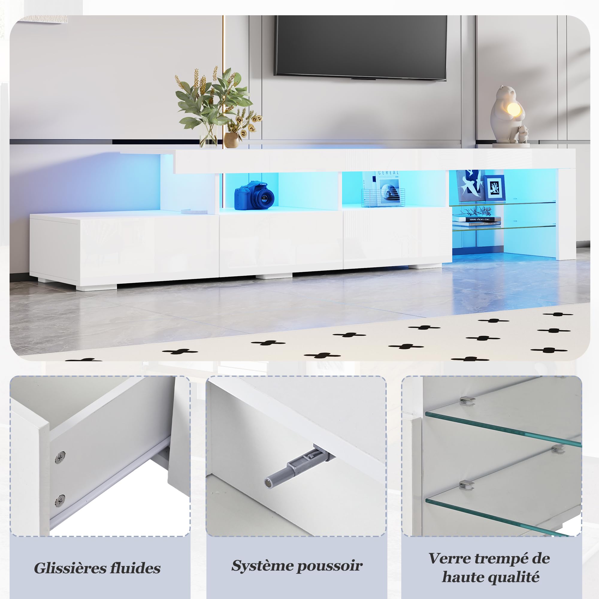 Meuble TV LED 180 cm, Meuble Tele avec Rangement, Meuble TV LED Haute Brillance, pour TV jusqu'à 75 Pouces, Blanc, 180 x 35 x 45 cm