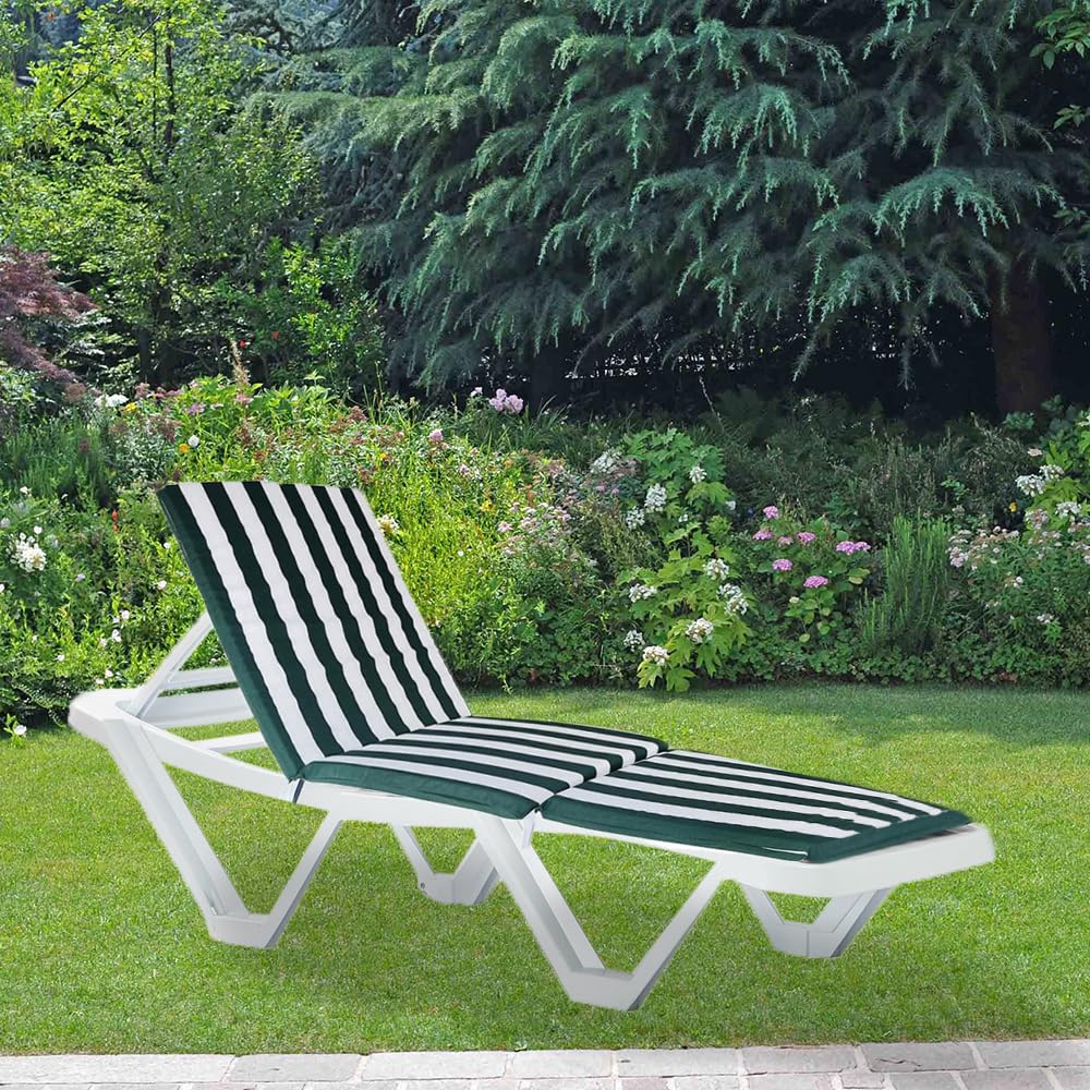 VIRSUS Cuscino per Lettino Prendisole da Giardino 333, Misura 58x180 cm, Tessuto Verde e Bianco, Spessore 4 cm, Imbottitura Morbida Sfoderabile con Cerniera, Elastico, con Lacci (Lettino)