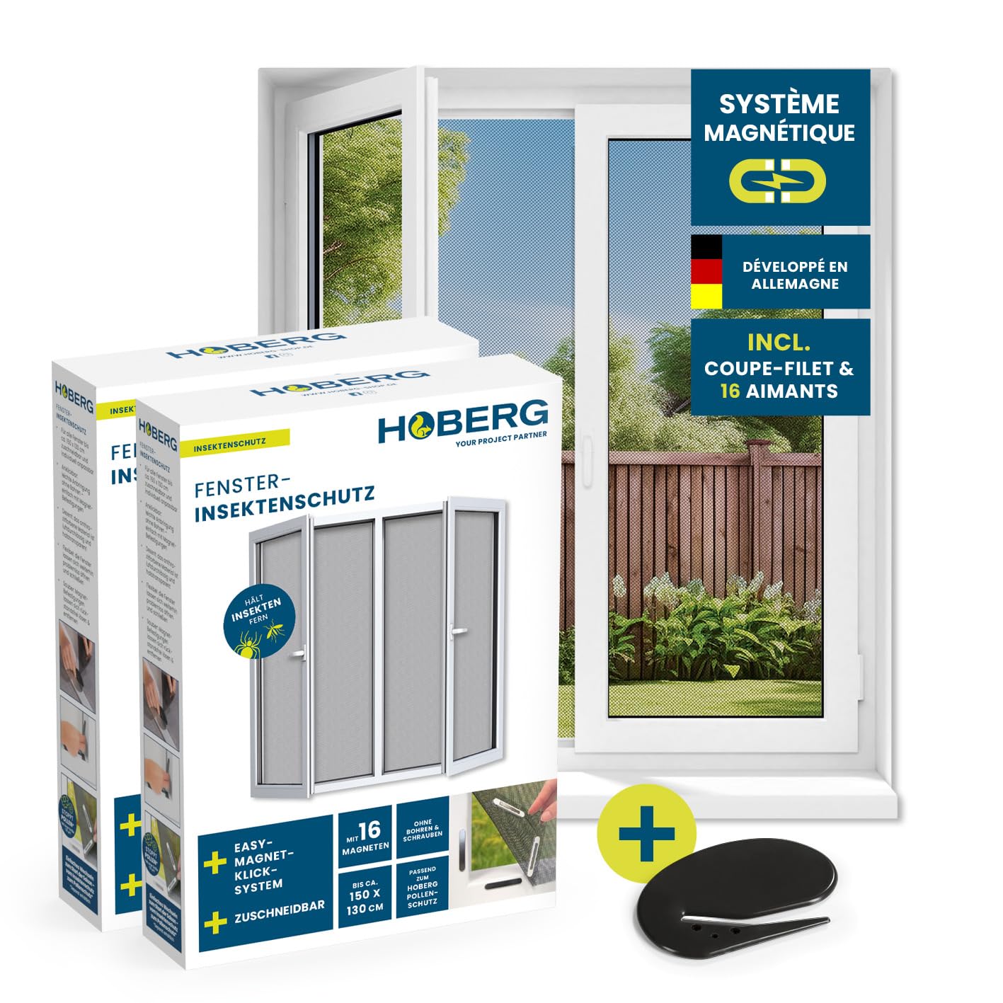 Hoberg Moustiquaire de fenêtre avec Fixation magnétique innovante | Moustiquaire jusqu'à 150 x 130 cm découpable Individuellement, Pas de perçage ni de vissage | Fixation avec 16 aimants [2 Pièces]
