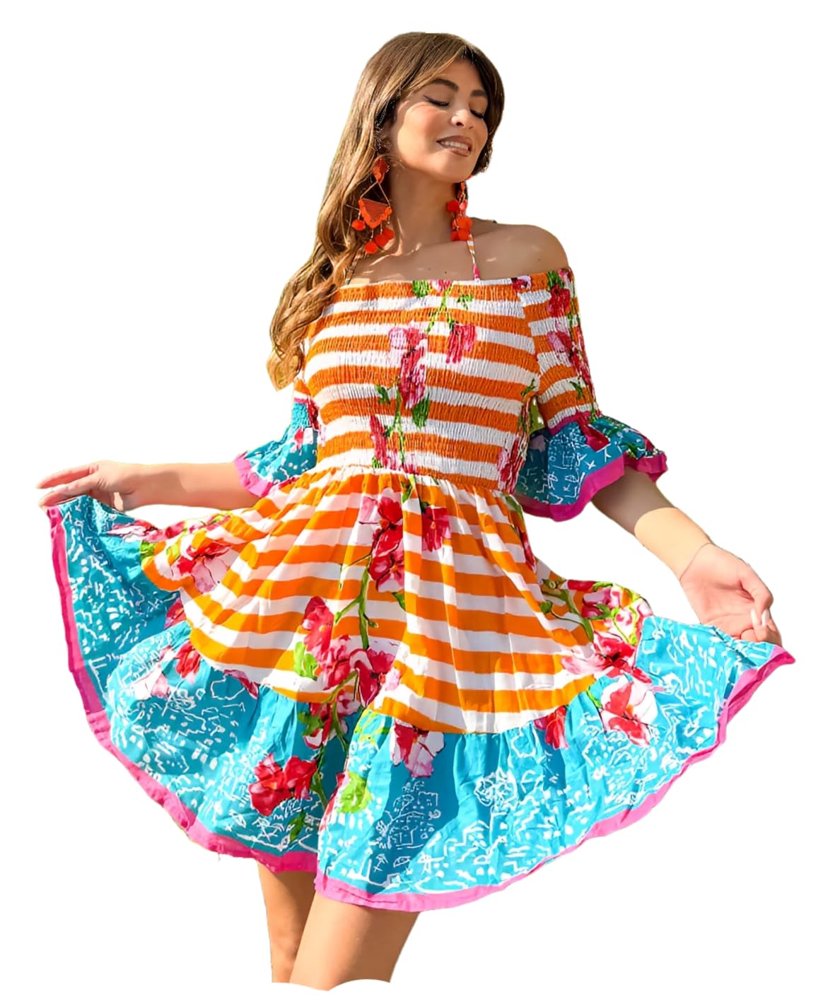 Antica Sartoria - Mexico 79 Robe Longue en Coton, Encolure Bardot avec éPaules DéNudéEs Et Manches TerminéEs par des Volants Robe Femme Ete Robe Longue Femme Ete Robe Boheme Chic