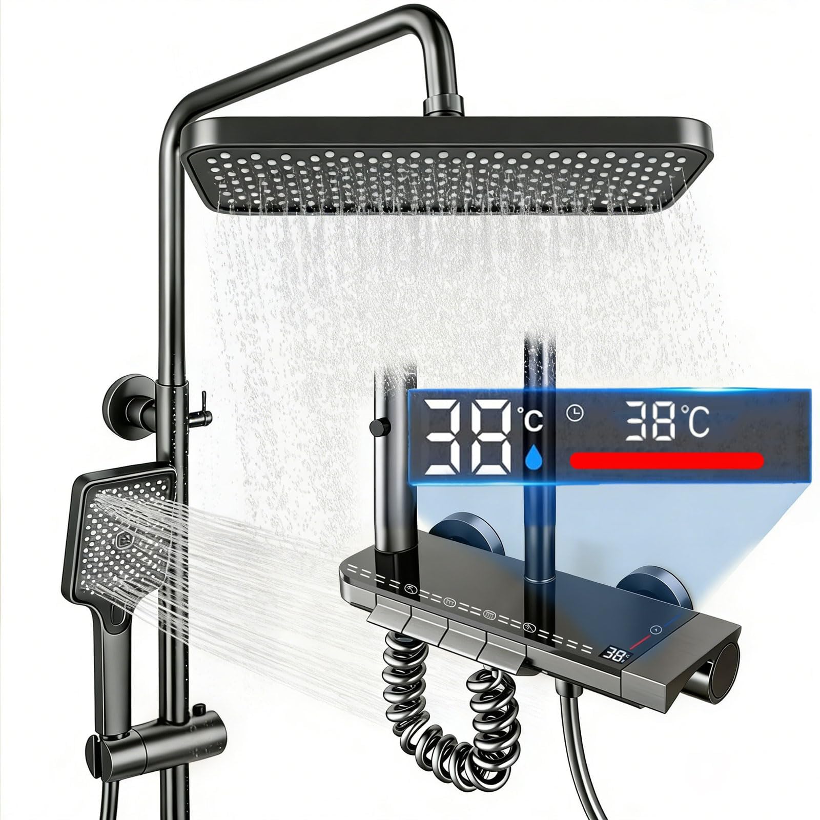 Colonne de Douche Thermostatique Titanium 4 en 1 | Colonne de Douche avec Mitigeur | Écran LED | Effet Pluie 30cm | Hauteur Réglable 83-110cm, pour Baignoire et Salle de Bain
