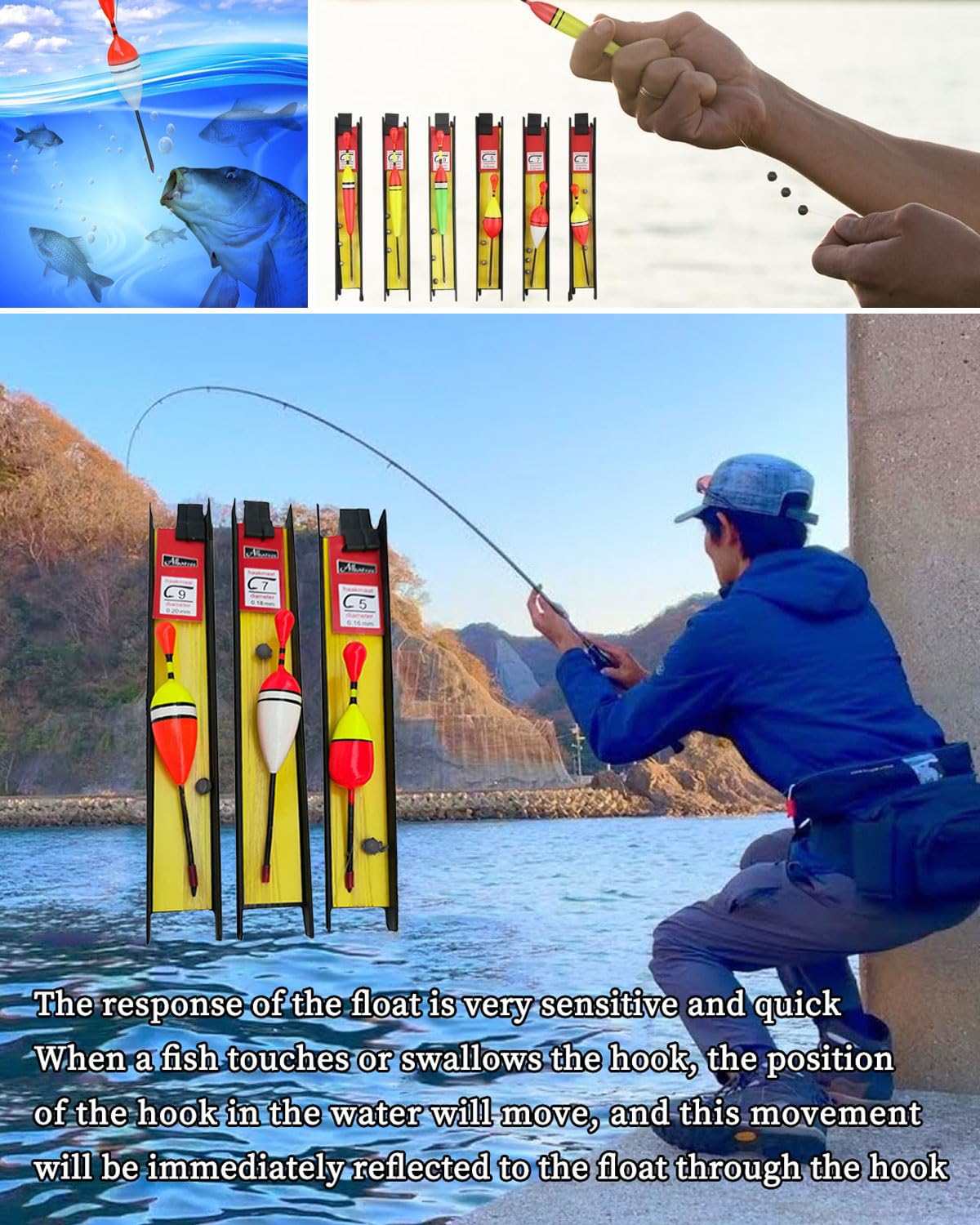 Hezhou 6 Piezas Bobbers de Pesca Flotador de Pesca Flotadores de Pesca con Mosca Bobbers de la Pesca con plomada, sedal y Anzuelo (5#, 7#, 9#) para Piscina, Pesca Salvaje, Lago, Pesca en el mar