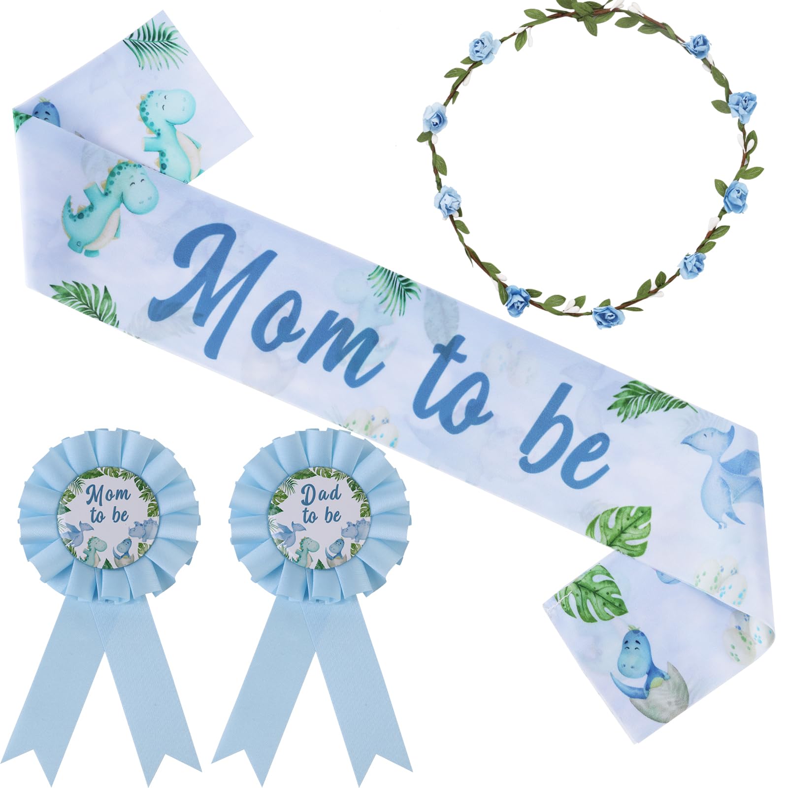 Serencatcher Dinosaur Baby Shower Decorations Boy, Blue Dino Mom to Be Maternity Sash Mom Dad to Be Button Pin Flower Crown Headband for Hatching Soon