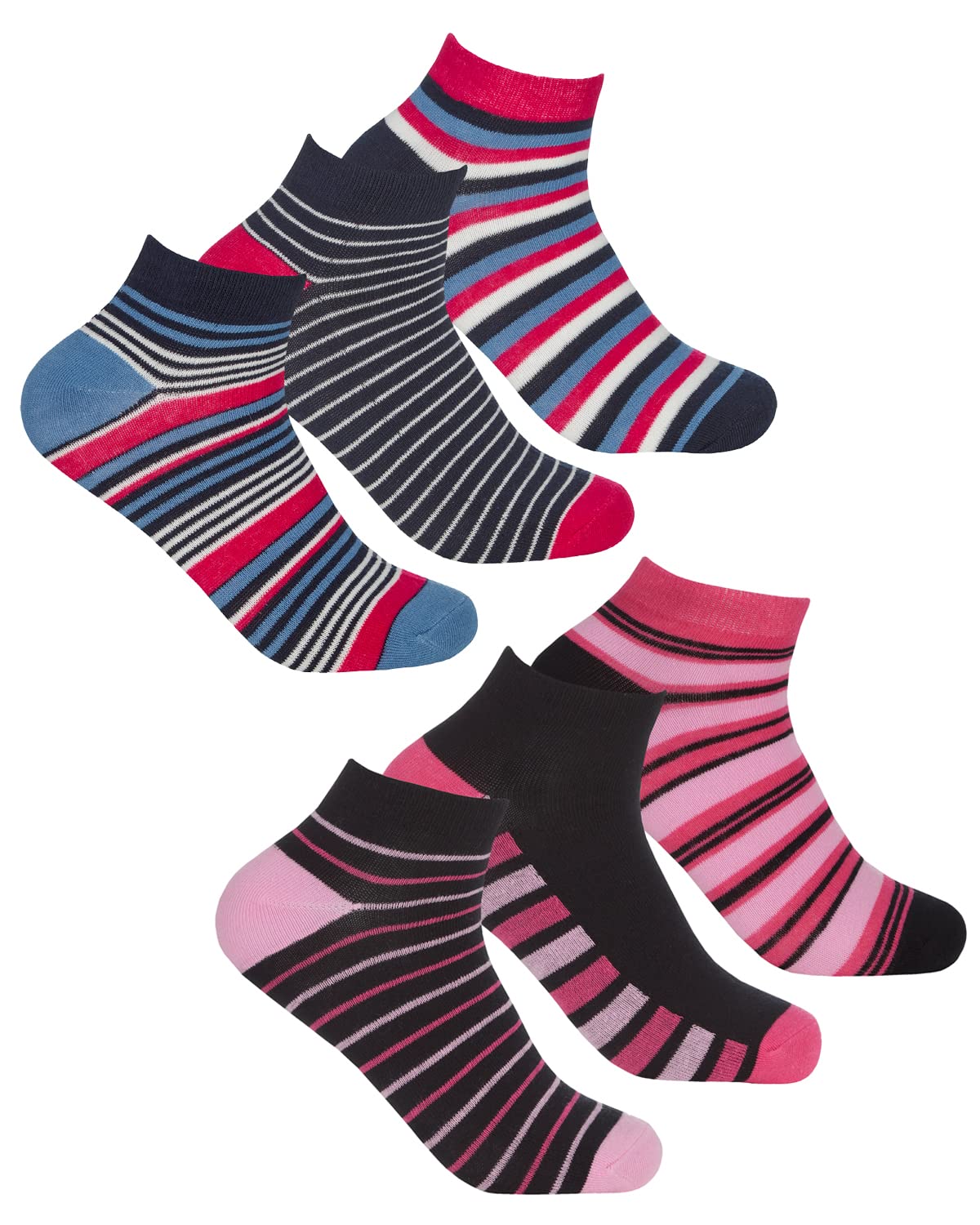 Undercover 6 Pairs Ladies Cotton Rich Trainer Socks 41B684 Stripe Mix