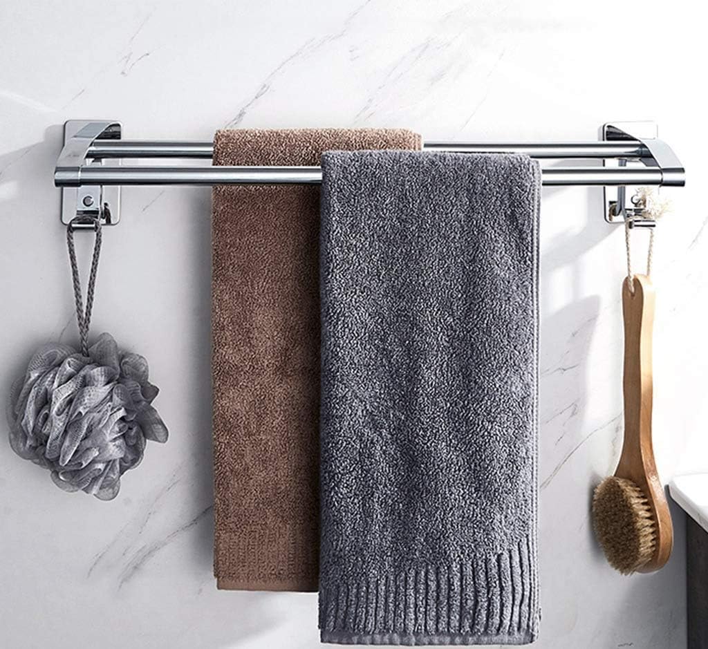 タオルバー タオル掛け、シンプルな壁掛けタオル掛け、バスルームキッチンステンレススチールダブルポールラックタオルホルダー、フック2個