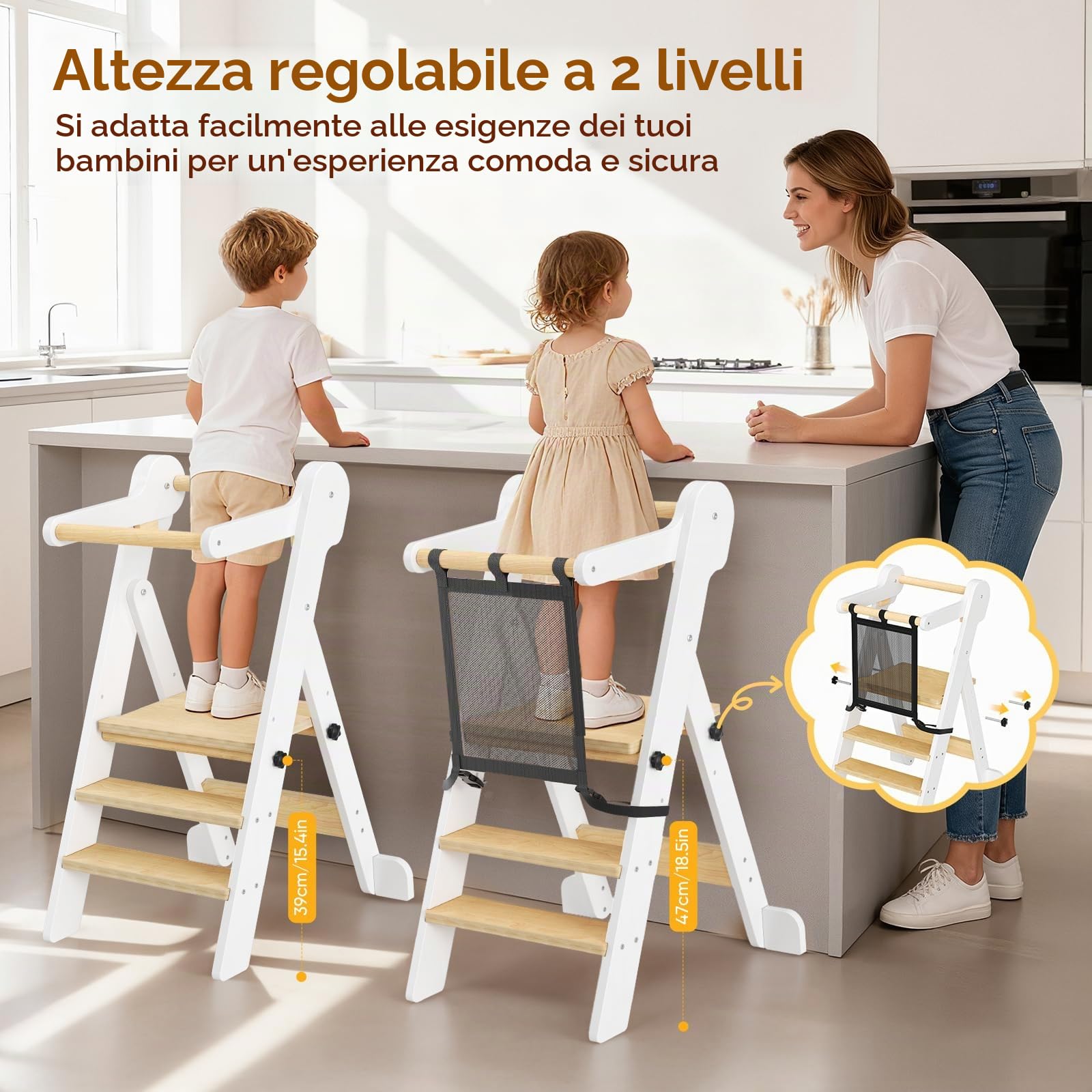 Torre di Apprendimento Pieghevole per Bambini con borsa a rete,2 Altezze Regolabili,Torre Montessoriana di Apprendimento da 1 a 6 Anni per Bambini Montessori Learning