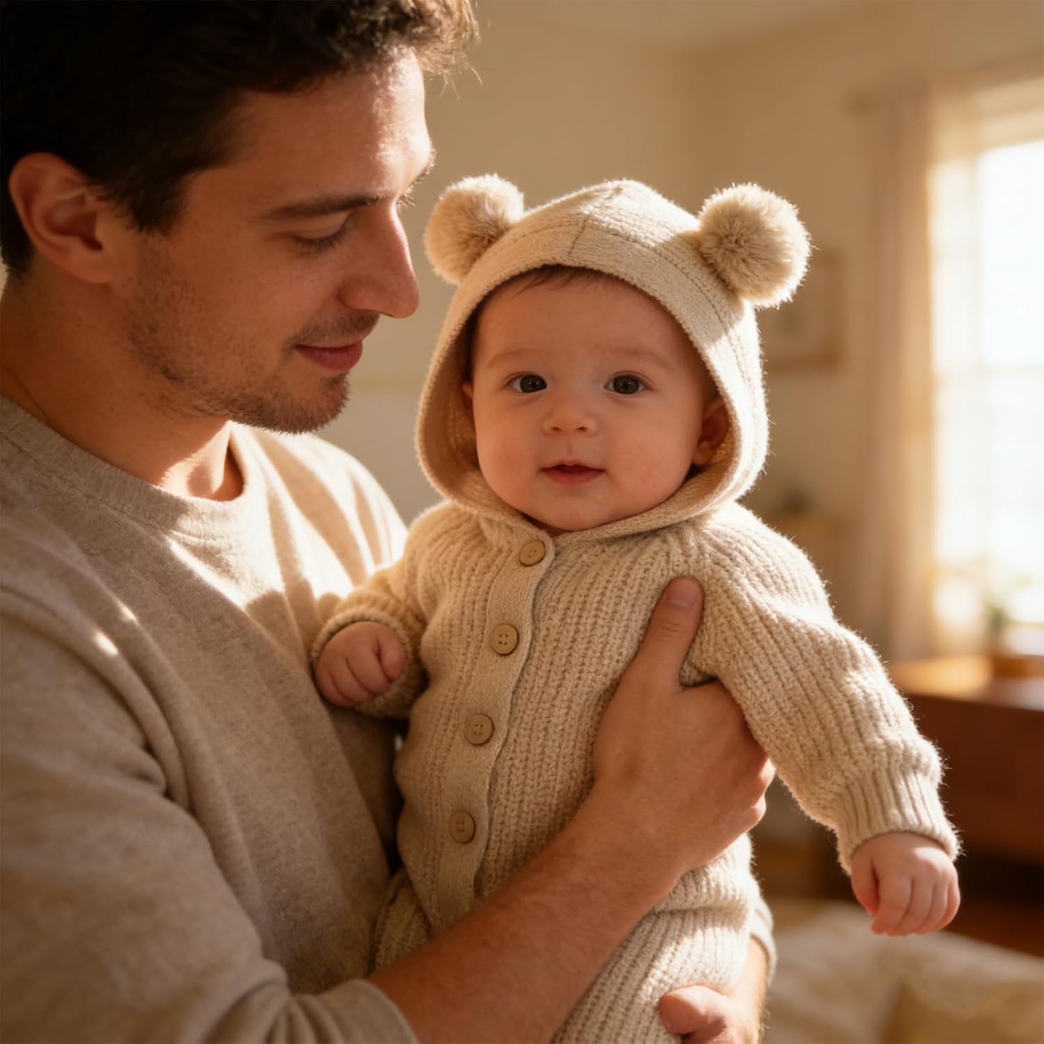 Newborn Baby Knitted 100% Cotton Romper Sweater Jumpsuit with Pom Pom Ears, Long Sleeve Outfit