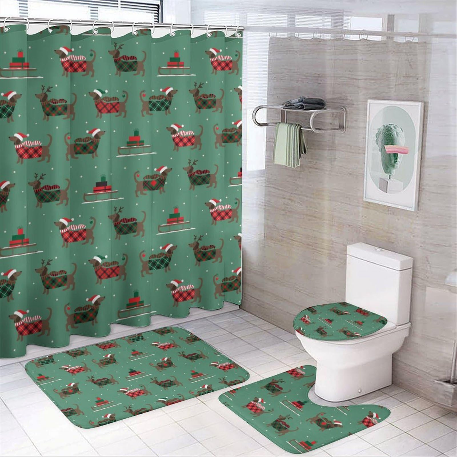 JZemdybill Bathroom Mat Set 4 Piece, Christmas Dachshund Dog Shower Curtain with Non-Slip Bath Mats for Bathroom