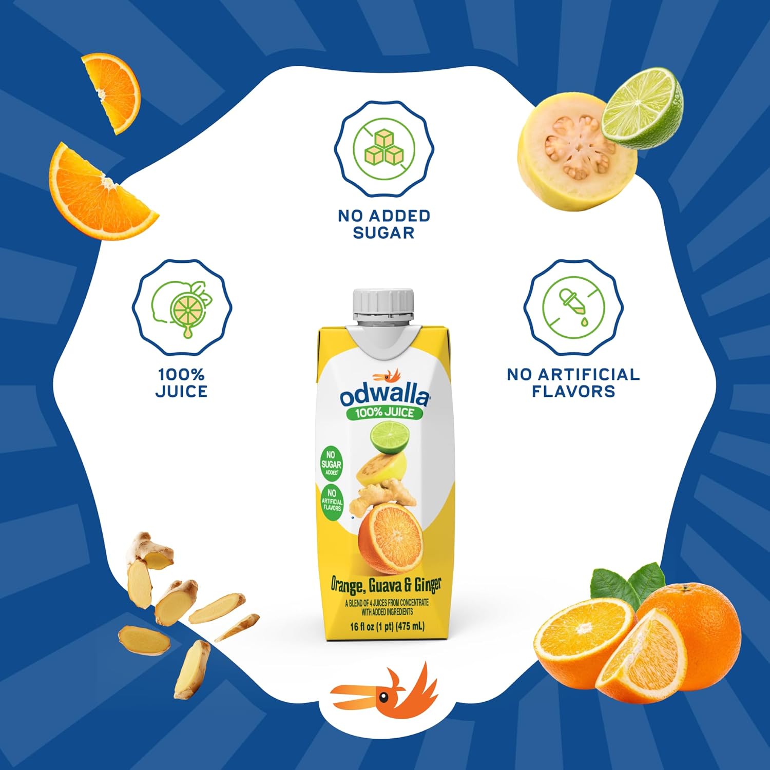 Odwalla Orange, Guava, Ginger Juice – Natural Ingredients, No Added Sugar, No Artificial Flavors or Colors - 16 oz (12 Pack)