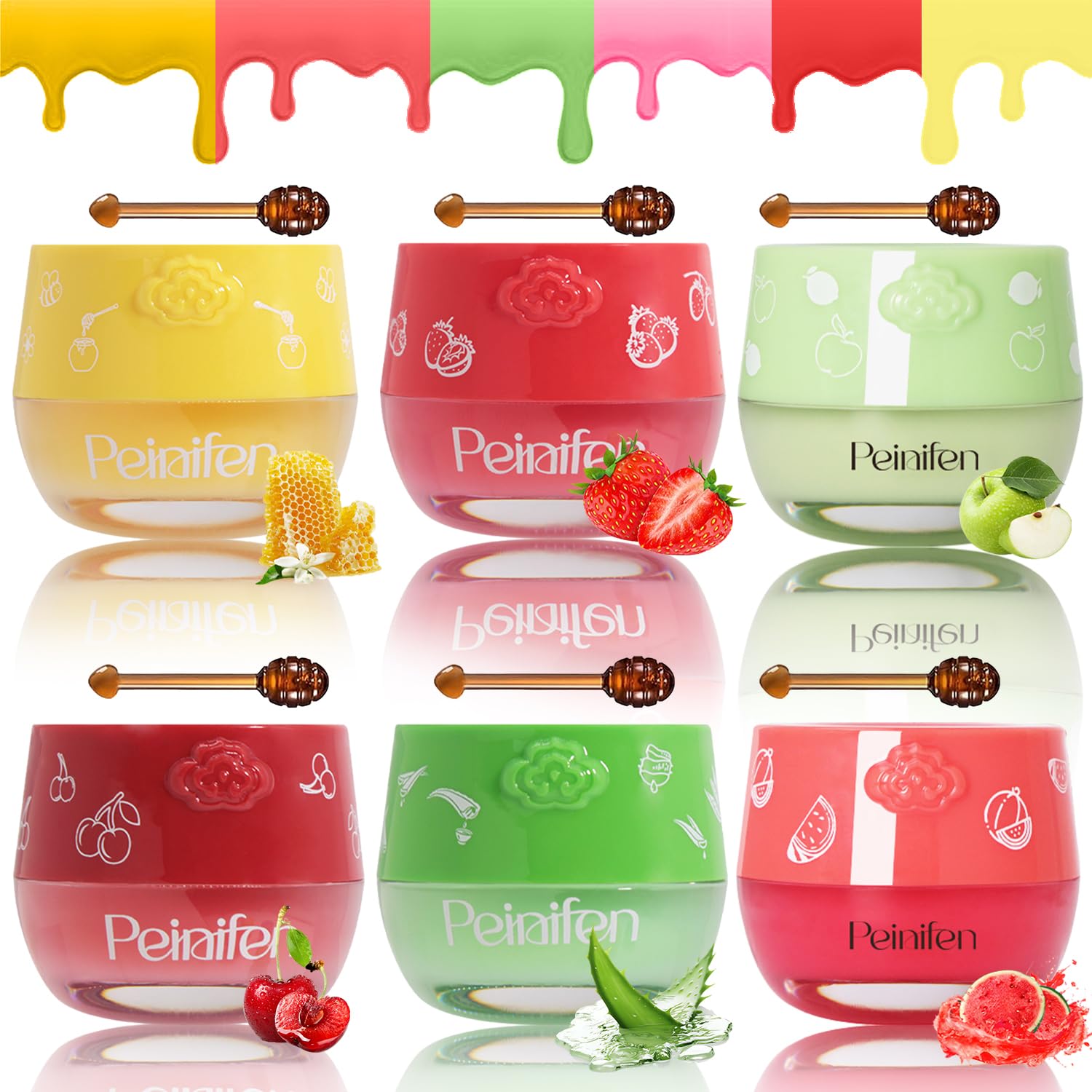 Alisesun 4PCS Strawberry & Bee Lip Balm Honey Pot, Vitamin E & Moisturizing Propolis Sleeping Lip Mask, Effective Reduces Lip Lines Prevention Dry and Cracked Scrubs Exfoliator Smoothing Dry Lip Care