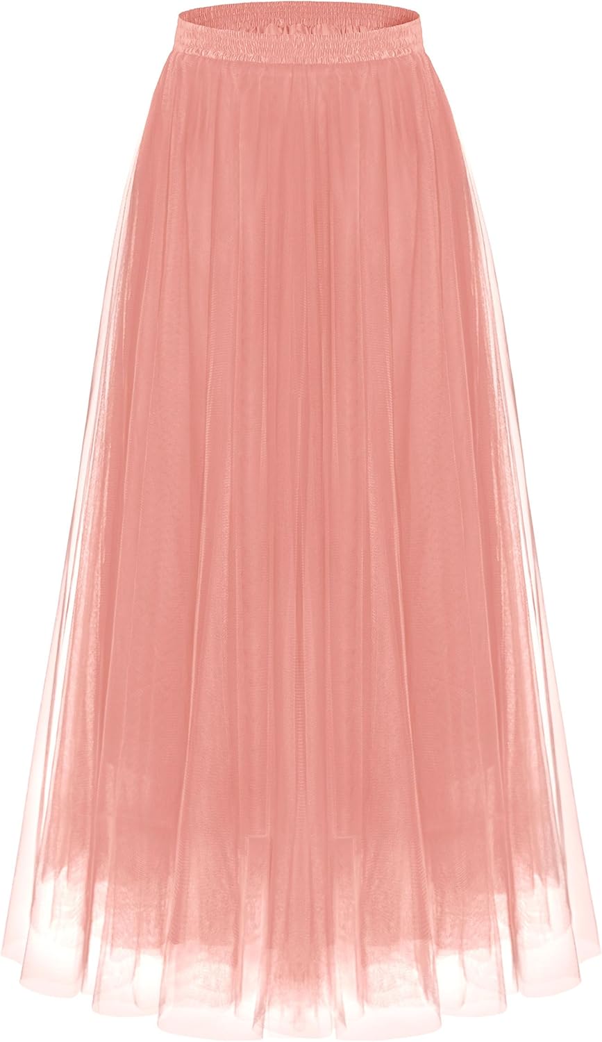 Kingfancy Women's Winter Skirts 2 Layered Tulle Tiered Long Skirts Elastic Waist A-Line Midi Skirts