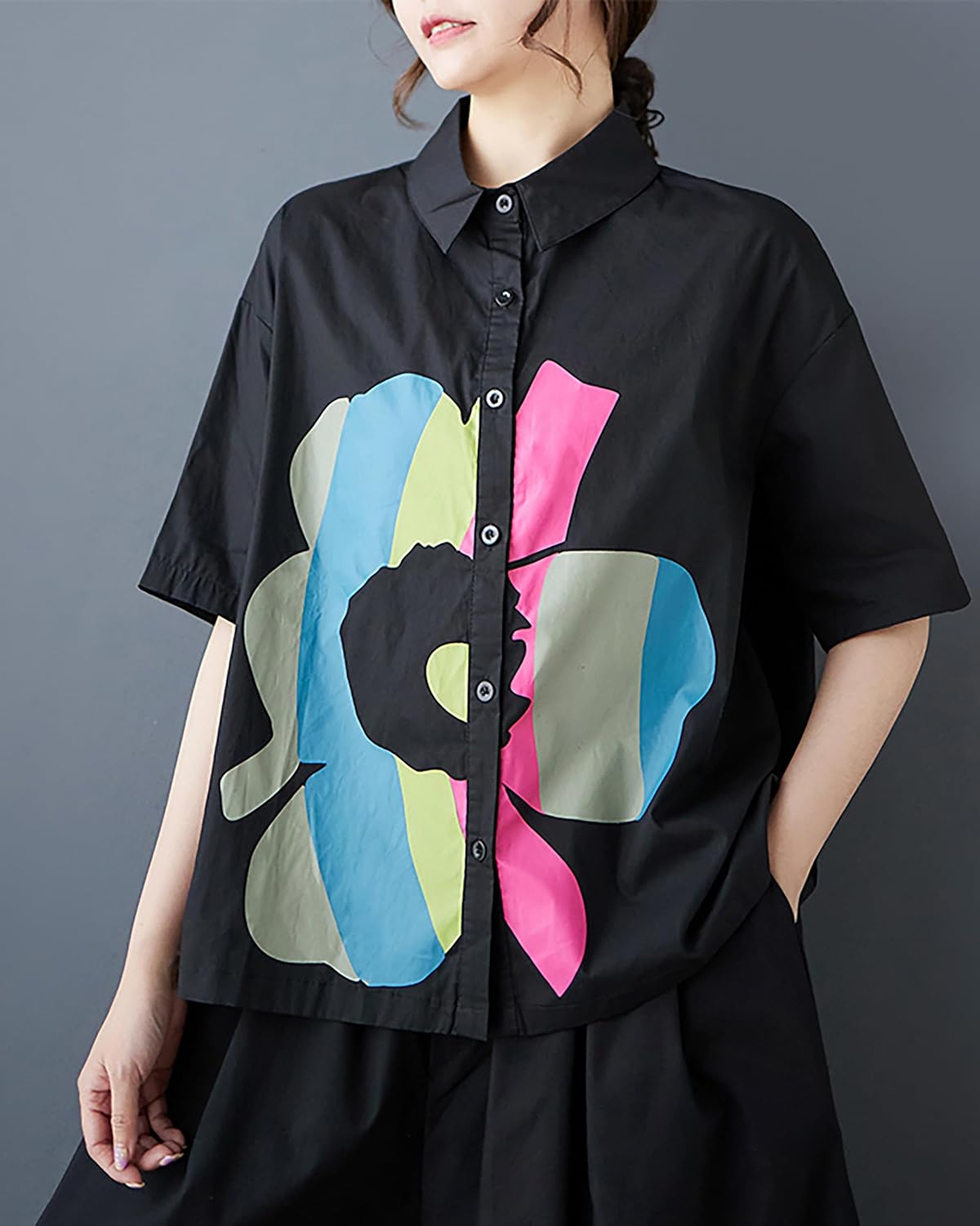 ellazhu Women's Shirt Button Down Floral Casual Loose Short Sleeve Lapel Straight Hem GZ364 Black - Image 2