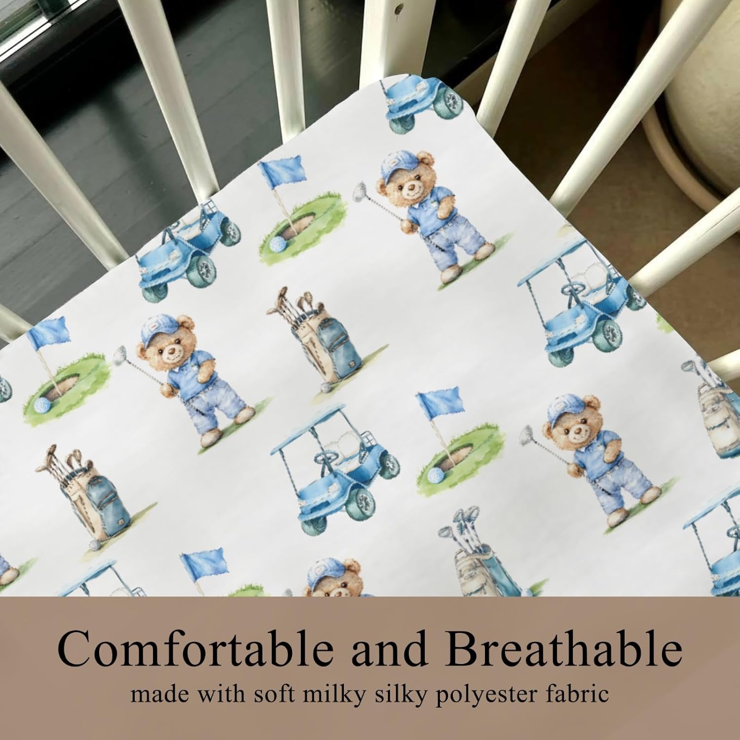 Cute Bear Golf Cart Blue Baby Crib Sheet for Boys Girls 52x28x9 in Bears Sport Golfing Flag Club Fitted Crib Mattress Cover for Standard Crib and Toddler Outdoor Sports Bed Sheet Animal One Size