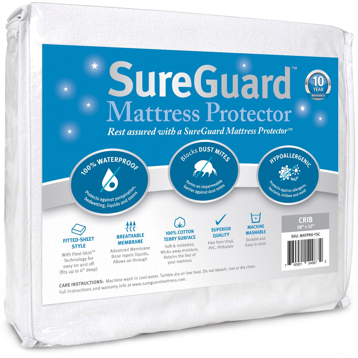 SureGuard Mattress Protectors Crib Size - 100% Waterproof, Hypoallergenic - Premium Fitted Cotton Terry Cover White