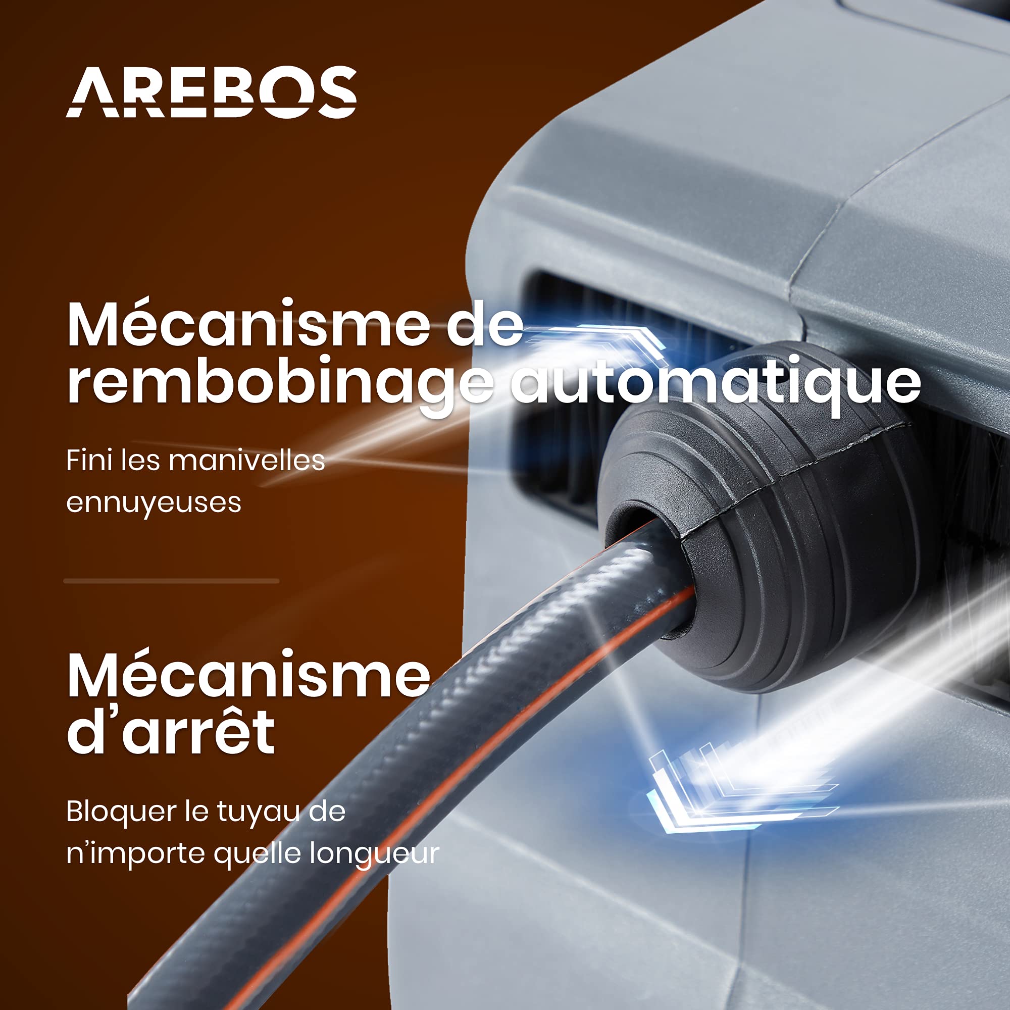 Arebos Enrouleur de tuyau | Enrouleur de tuyau pivotant de 30 m | Boîte à tuyau murale avec arrêt de blocage | Support mural inclus | Mécanisme d'enroulement automatique | Orange