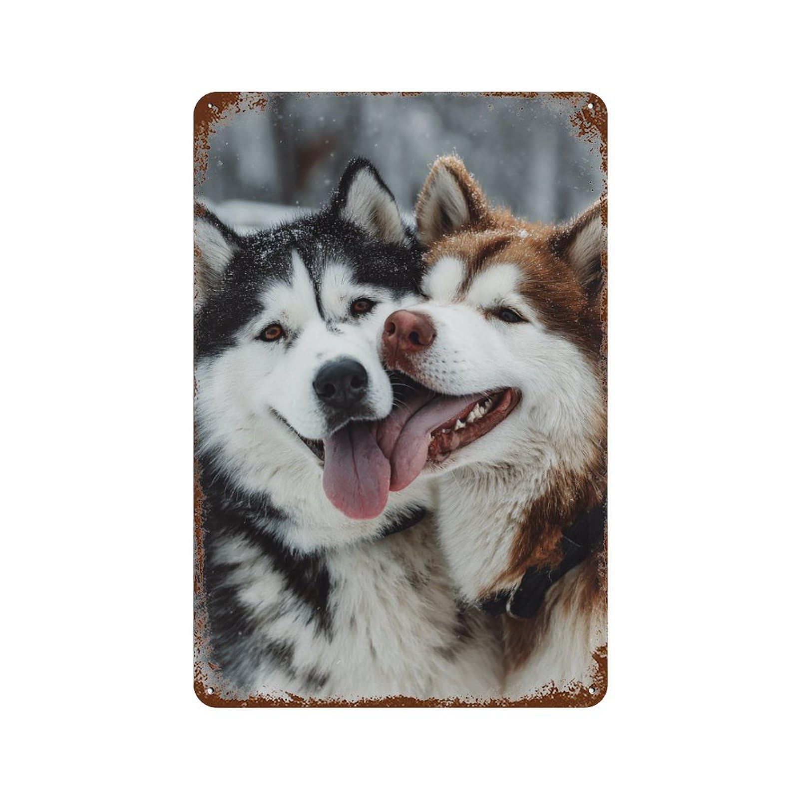 Winter Huskies in Love 11.8"x7.9" Decorative Tin Sign, Retro Wall Decor for Bistro, Counter And Cafe Decor