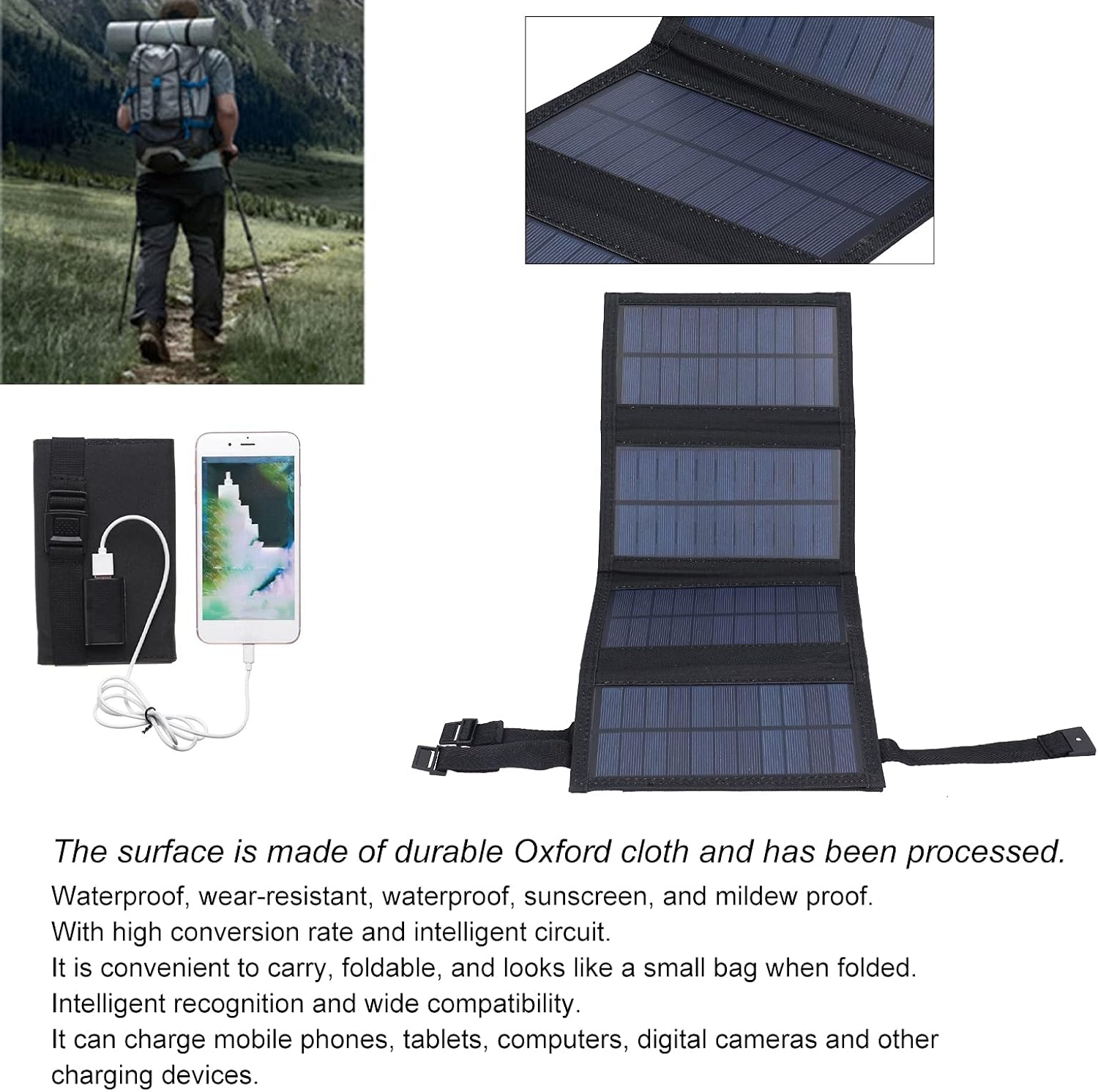 20W USB Solar Panel Foldable Portable Polycrystalline Silicon Solar Cell, Outdoor Charger, Suitable for Outdoor Camping and Travel (Black)