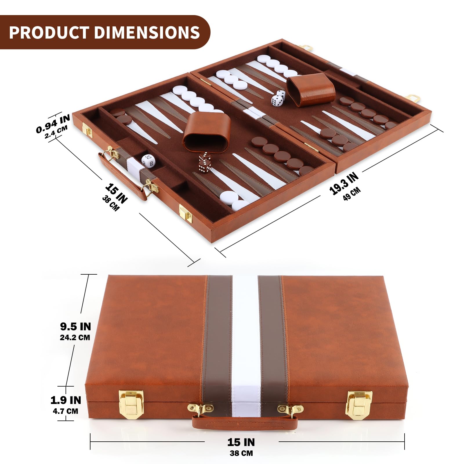 Vehipa 38cm Backgammon Koffer mit komplettem Zubehör für 2 Spieler (Braun) | Kunstleder Mit Tragegriff, Samtiges Innenfutter Geräuscharm, Becher, Spielsteine Und Würfel, Für Erwachsene