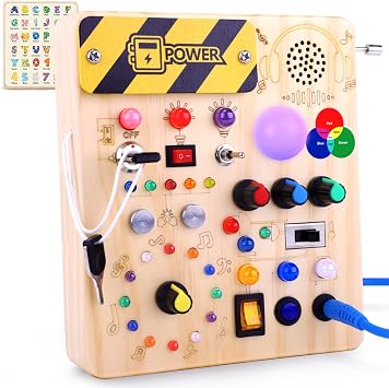 Konijiwa Toddler Toys Montessori Busy Board Wooden Toys for 1 2 3 Year old Boys Girls with 12 Switches and 27 LED Lights Switch Sensory Learning Gifts