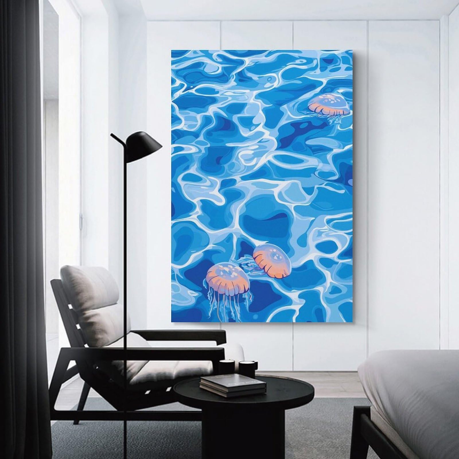 Junmoney Jellyfish in Blue Water Illustration Hanging Wall Art, 20x30inch(50x75cm), for Home Walls, Creative Rooms Or Shared Spaces, A Flexible Wall Accent for Shared Spaces