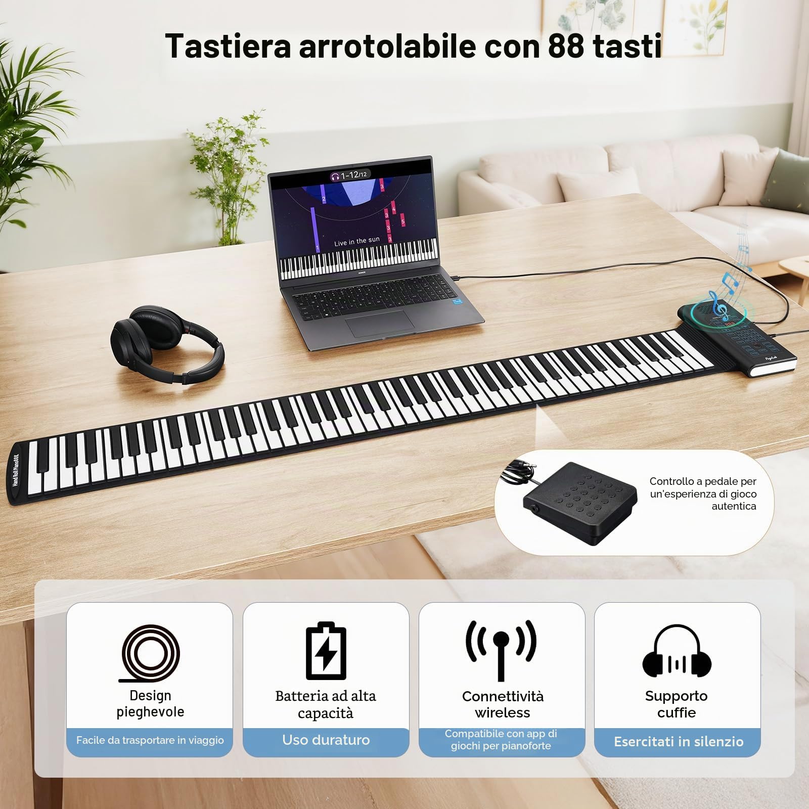 Pianoforte a tastiera arrotolabile POGOLAB a 88 tasti, pianoforte arrotolabile ricaricabile con 20 demo/128 toni/128 ritmi/jack per cuffie/Bluetooth/batteria, pianoforte a mano pieghevole da viaggio