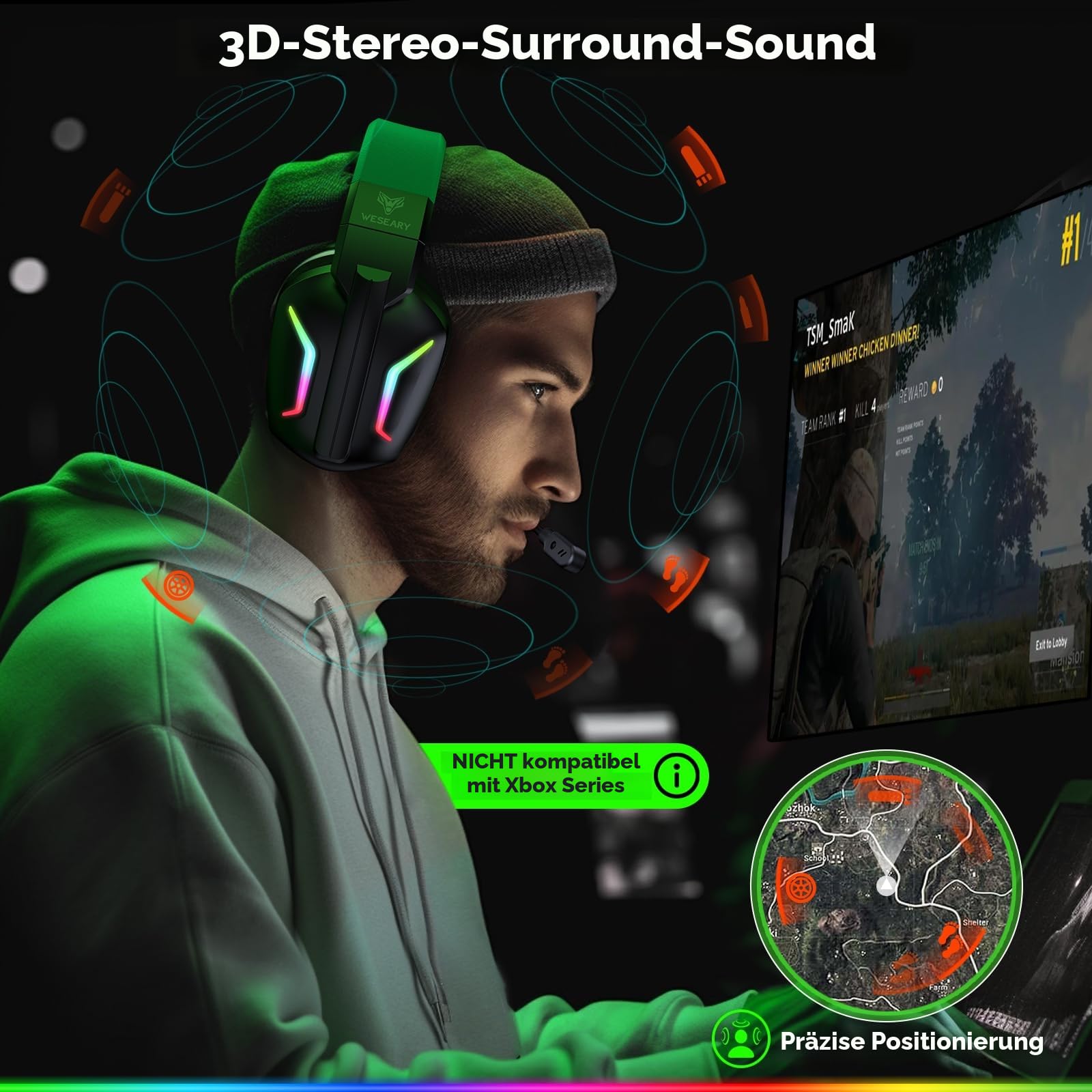 WESEARY WG1 Bluetooth Headset, 2,4G Wireless Gaming Headset mit Mikrofon für PS5, PS4, PC, Switch, Mac, Faltbarer Surround Sound Noise Cancelling Kopfhörer mit LED Licht, Über 50 Stunden Akkulaufzeit