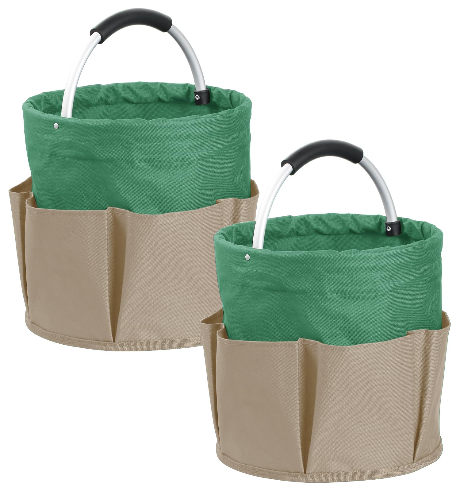 Set of 2 Foldable Cleaning Caddy for Cleaning Supplies, 17L Household Tool Bucket Organizer for Men, Large Cleaning Basket in 600D Oxford Fabric for Travel, Garden, Khaki with Green