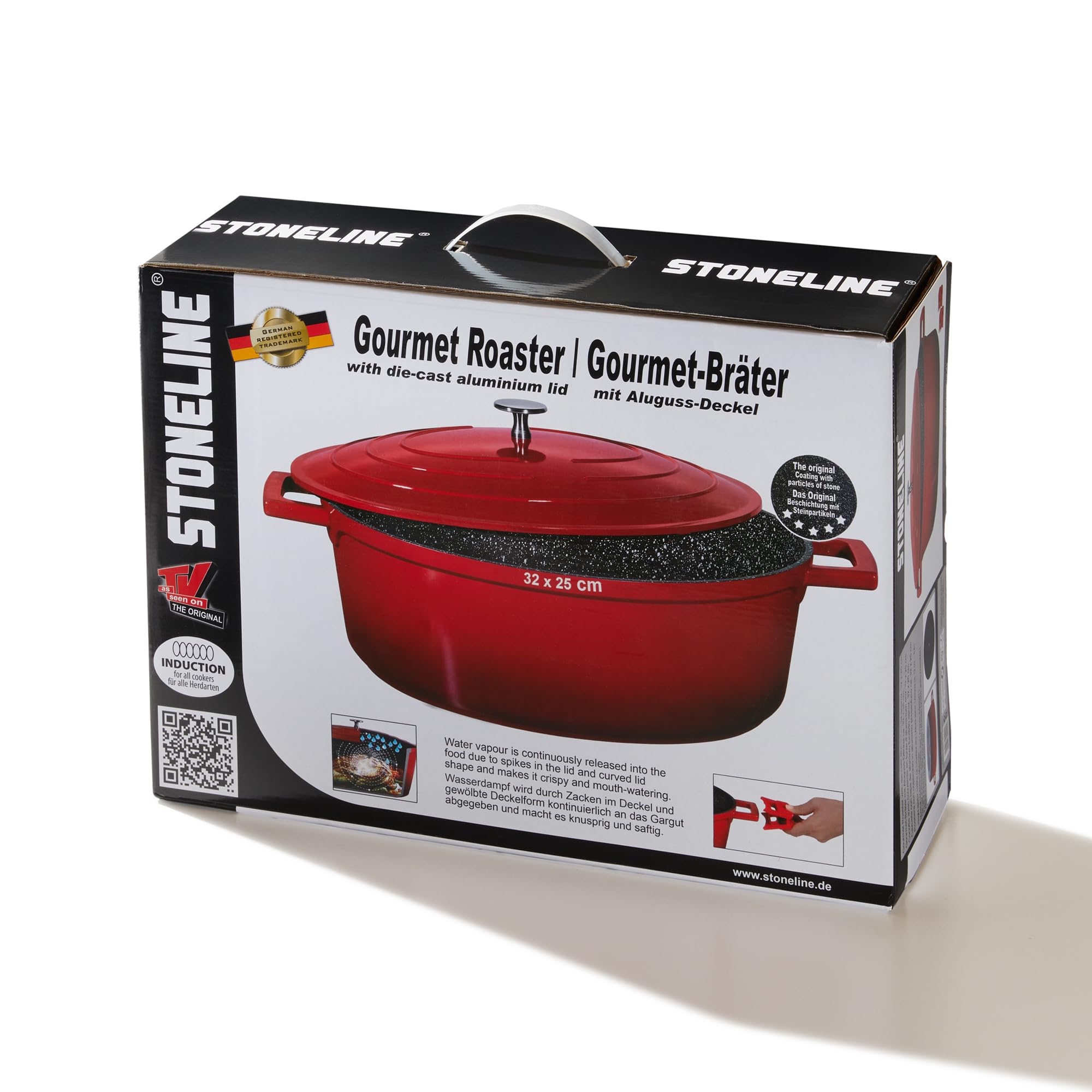 STONELINE Cocotte Induction avec Couvercle 32 cm, 6,6 L, Casserole Antiadhésive Revêtement avec de vraies Particules de Pierre, Braisière Marmite pour Tous Feux et Four, Couleur : Rouge