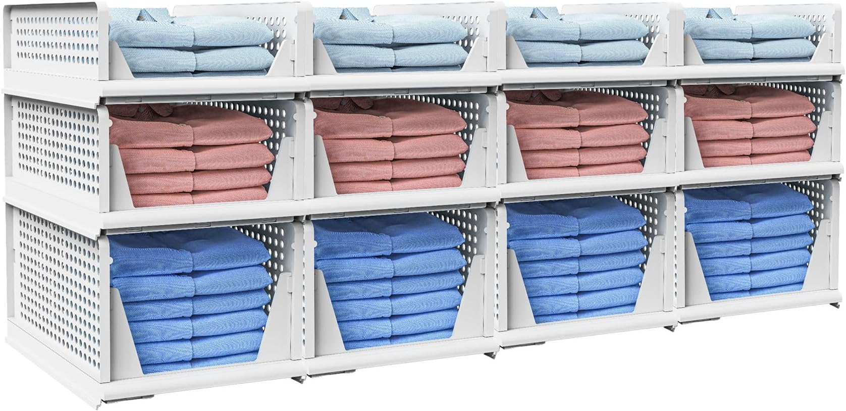 12 PACK (3 Sizes) Stackable Sliding Storage Shelf Rack Set - Foldable & Collasible Organizer Basket for Wardrobe & Closet Organization Drawer in Bedroom Kitchen Office