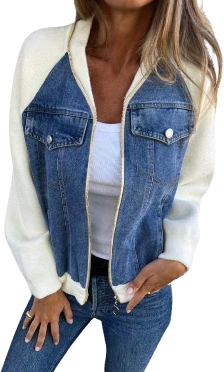Fall Zip Up Denim Jackets for Women 2024 Long Slevee Washed Lightweight Patchwork Jean Jacket Causal Y2K Sweatshirt聽